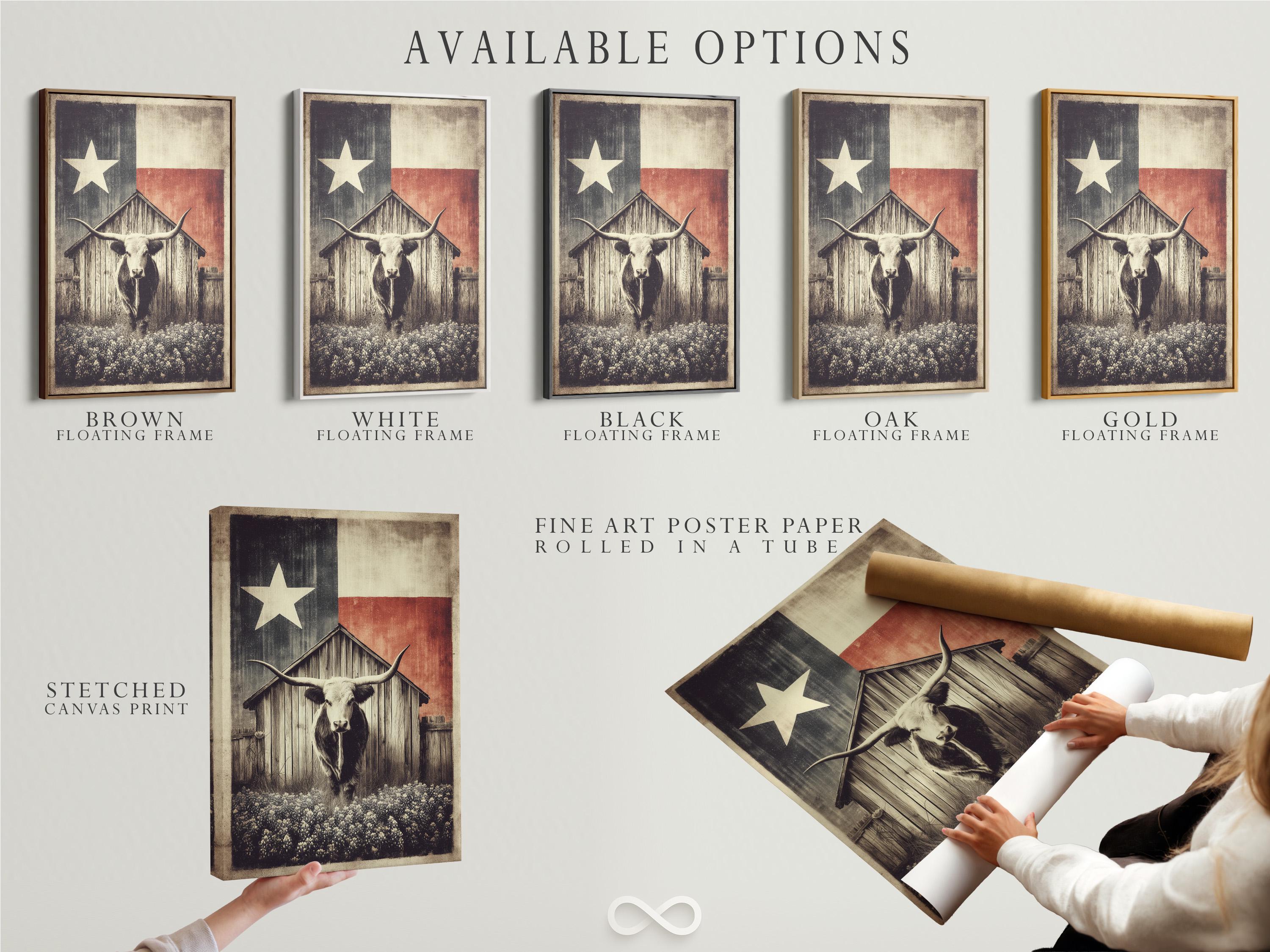 Longhorn steer illustration beneath a barn silhouette and a five-point star on a distressed sepia and charcoal background detail view
