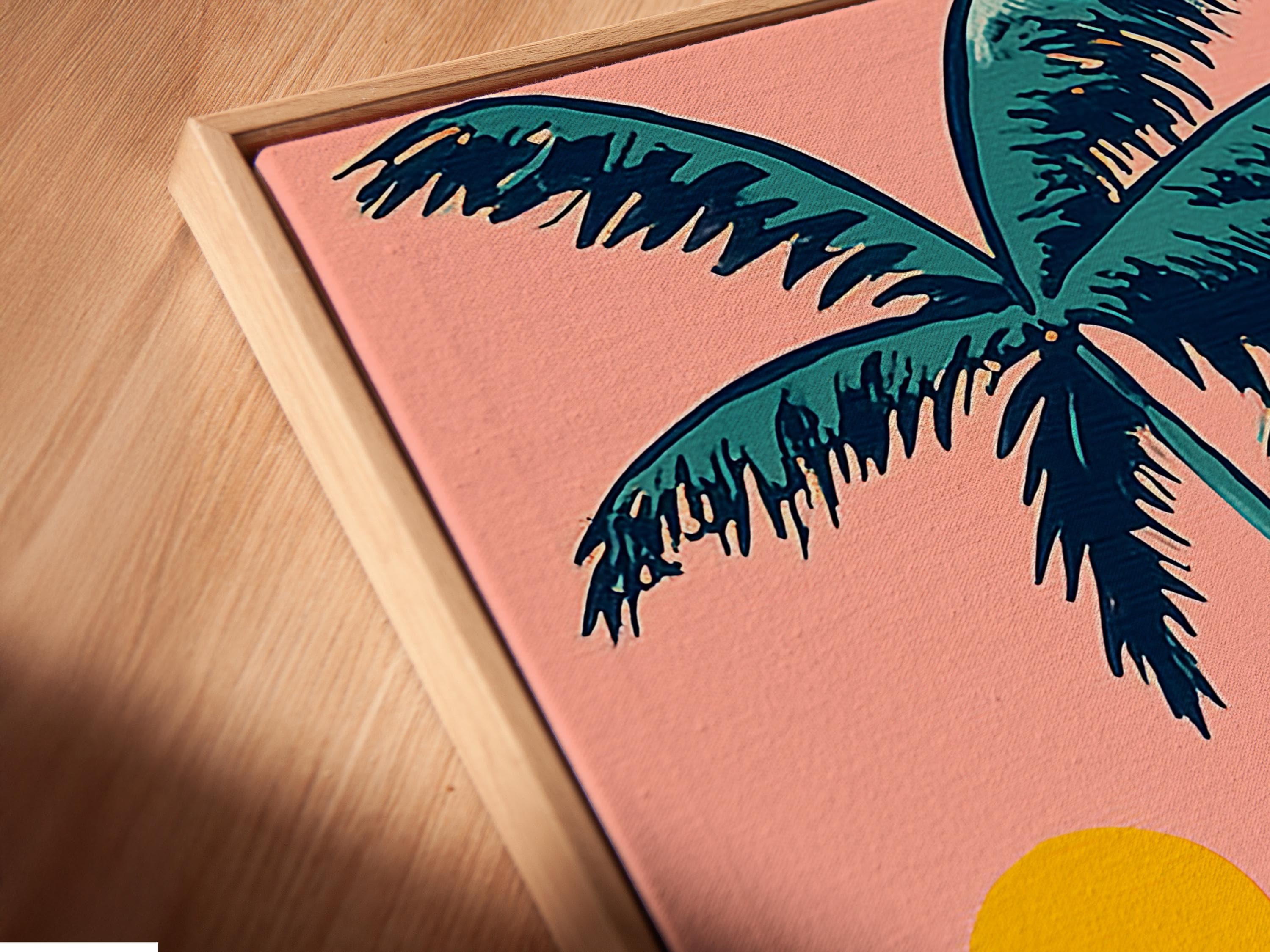 Retro tropical beach artwork with a palm tree, deck chair, ocean waves and ALOHA sign detail view