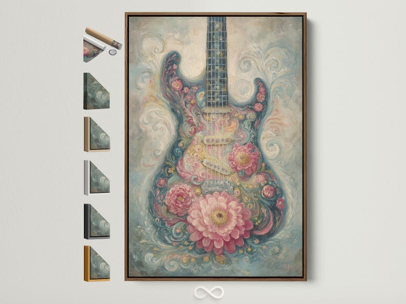 Stylised floral guitar artwork with dusty pink blossoms and teal-blue swirls