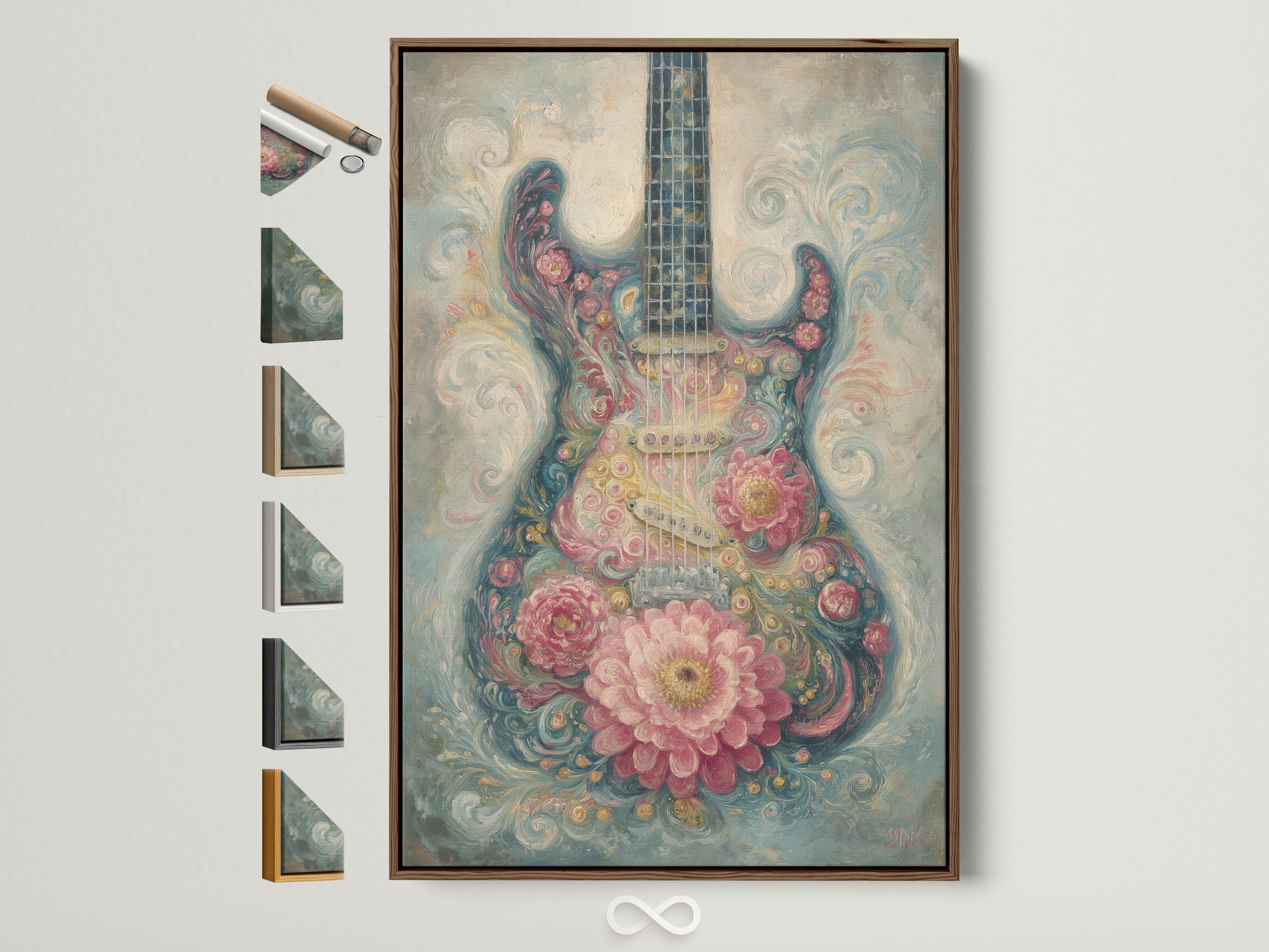 Stylised floral guitar artwork with dusty pink blossoms and teal-blue swirls