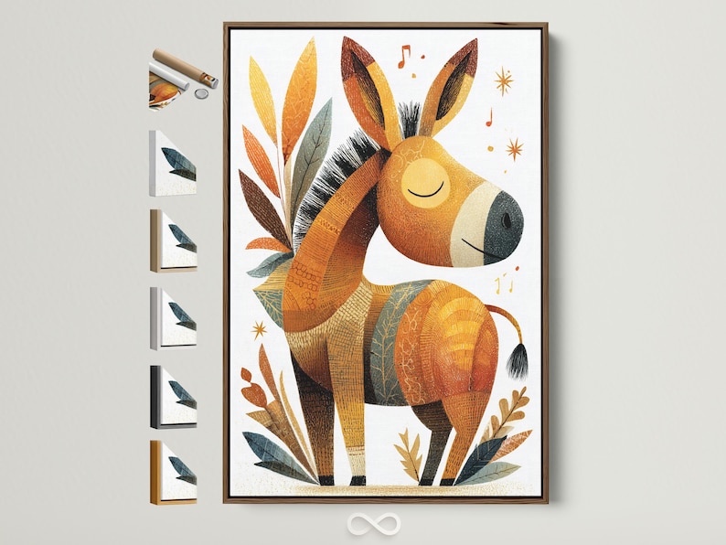 Boho donkey illustration with warm beige and brown tones, leafy accents, sparkles and music notes on a light background
