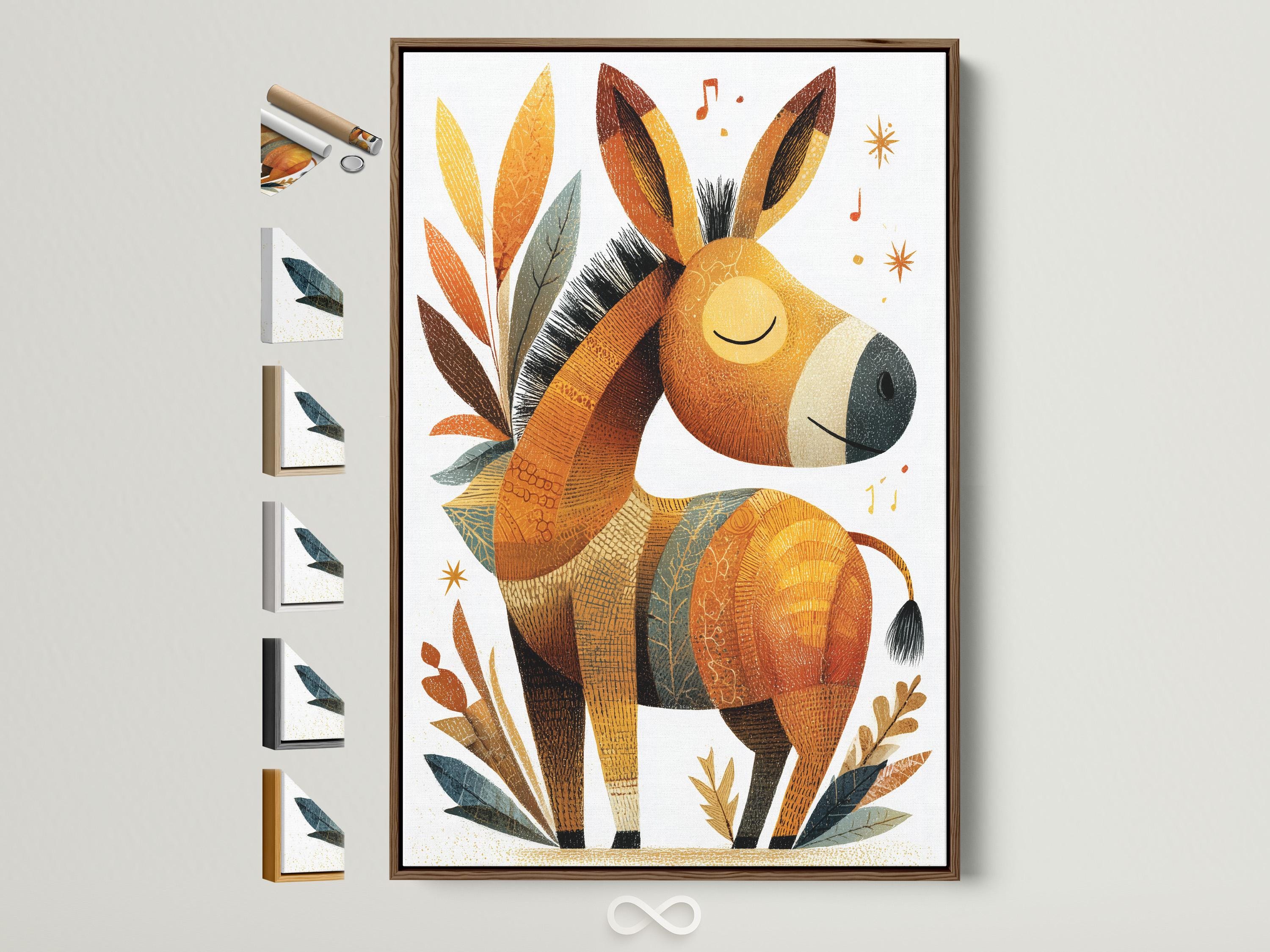 Boho donkey illustration with warm beige and brown tones, leafy accents, sparkles and music notes on a light background