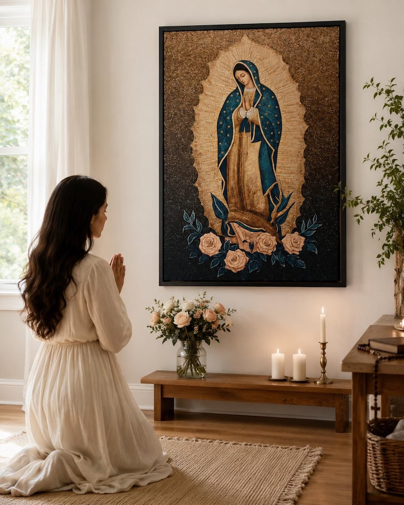 Religious portrait of a robed Virgin Mary figure in a gold halo with teal robes, roses and leaves