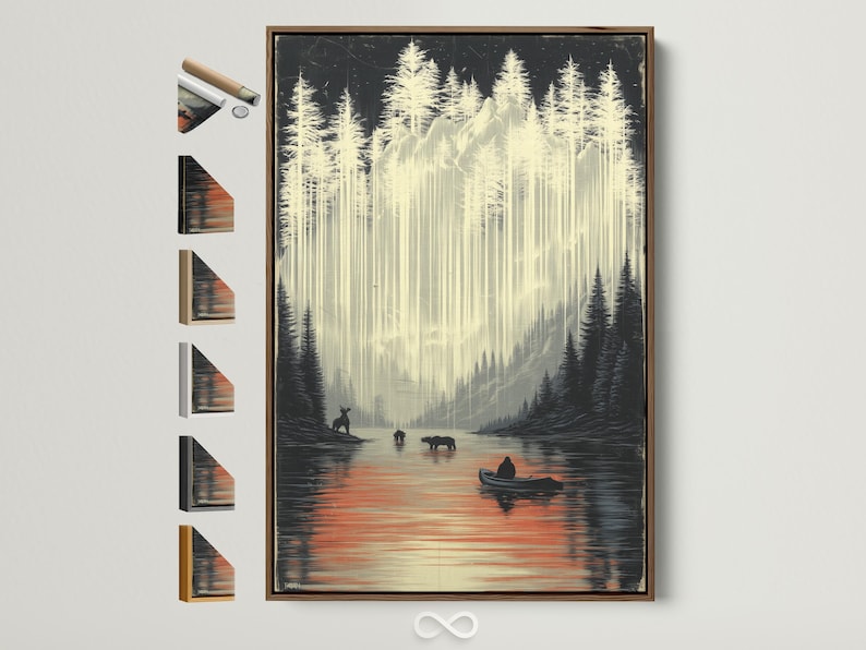 Misty lake wildlife landscape with dark conifer trees and warm reflections