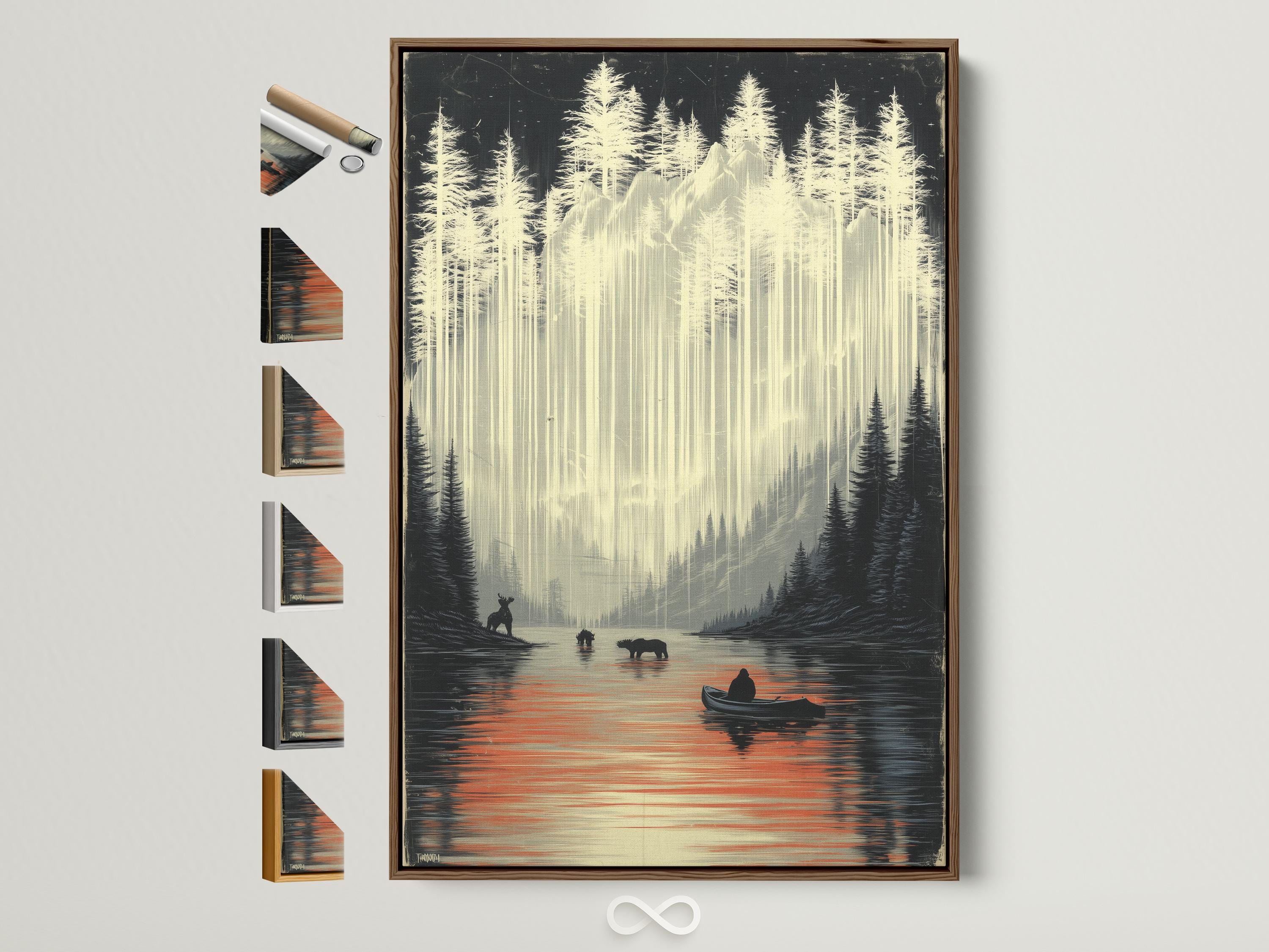 Misty lake wildlife landscape with dark conifer trees and warm reflections