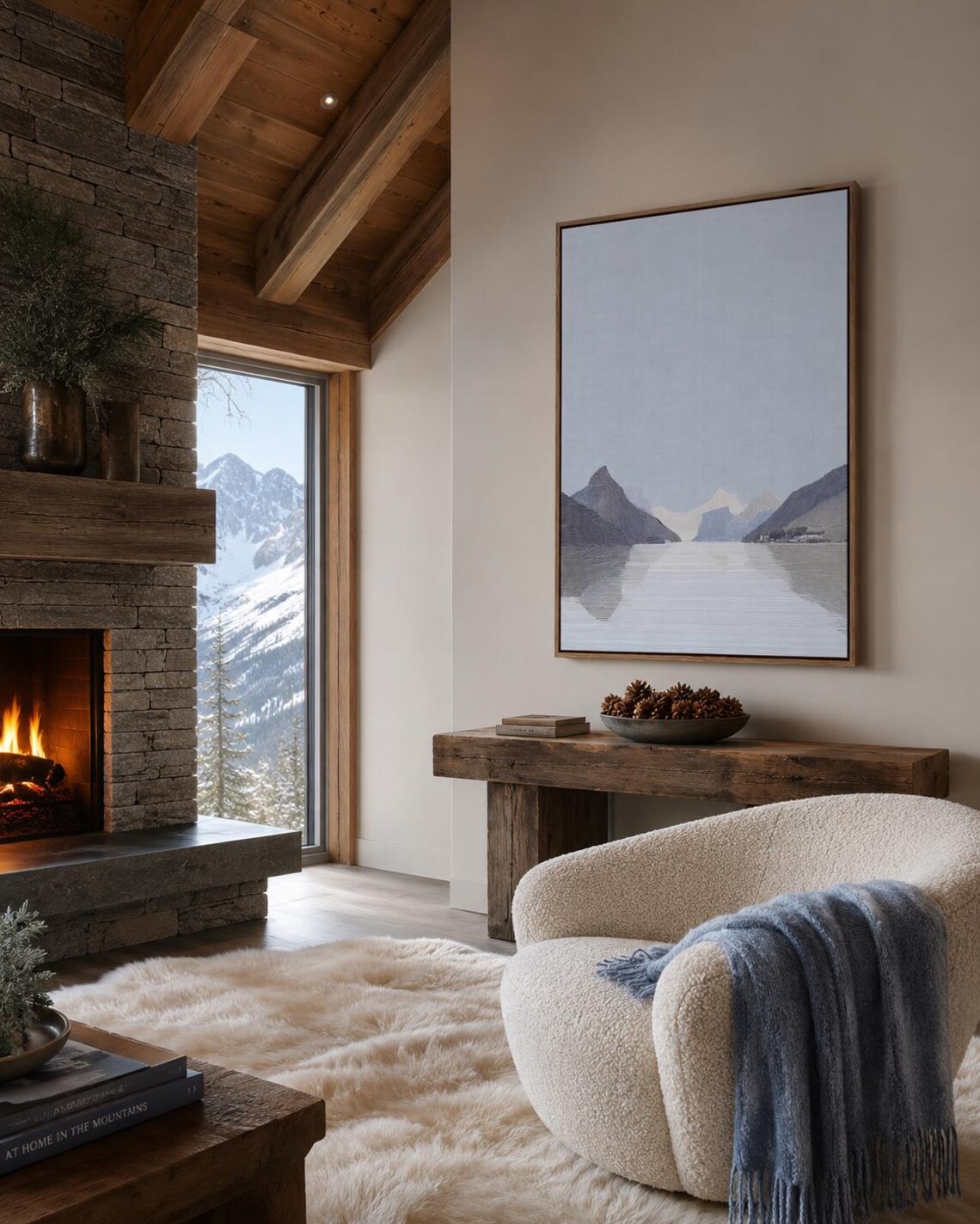 Person viewing an abstract mountain artwork in a modern room mockup