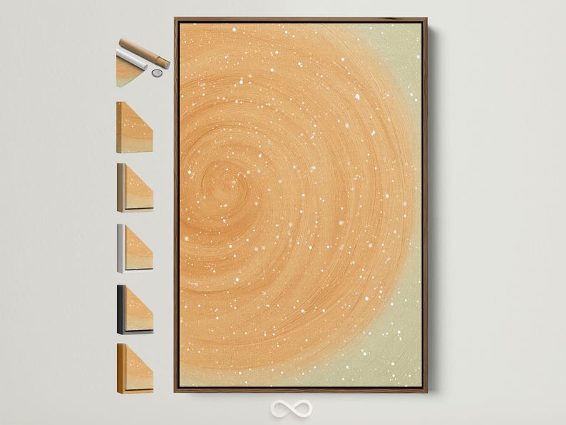 Beige abstract circular swirl with white speckles on a soft neutral background