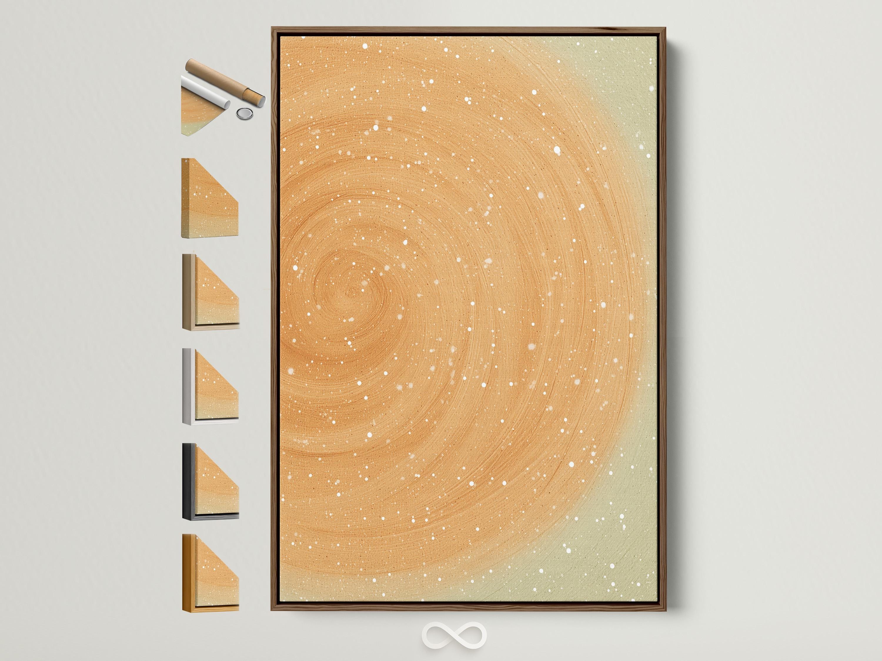 Beige abstract circular swirl with white speckles on a soft neutral background