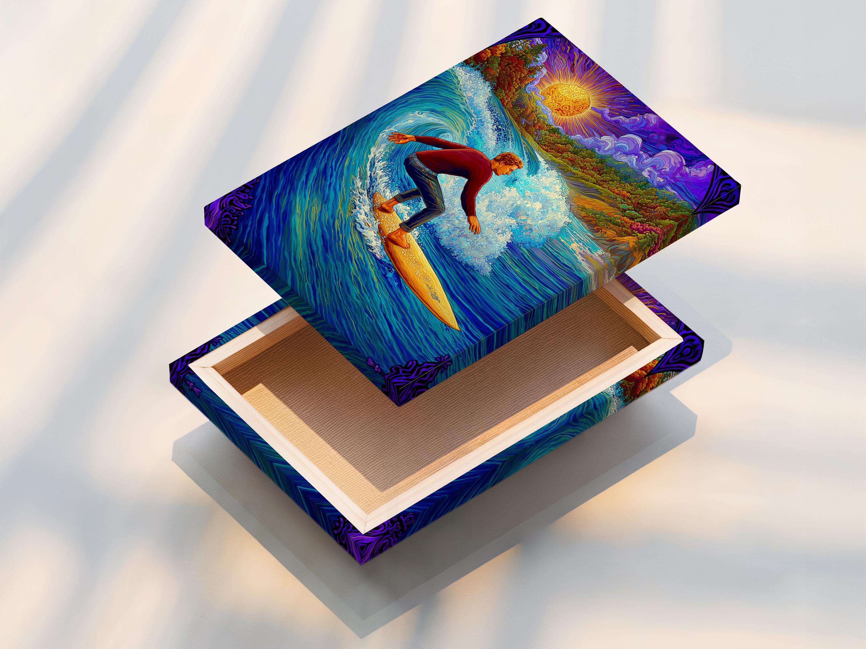 Psychedelic surfer scene with a glowing sun and vibrant ocean waves, in blue, purple and gold tones detail view