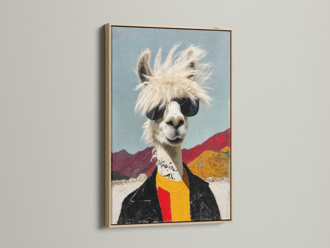 Stylised llama wearing black sunglasses with a fluffy mane and red and yellow scarf in a desert scene detail view