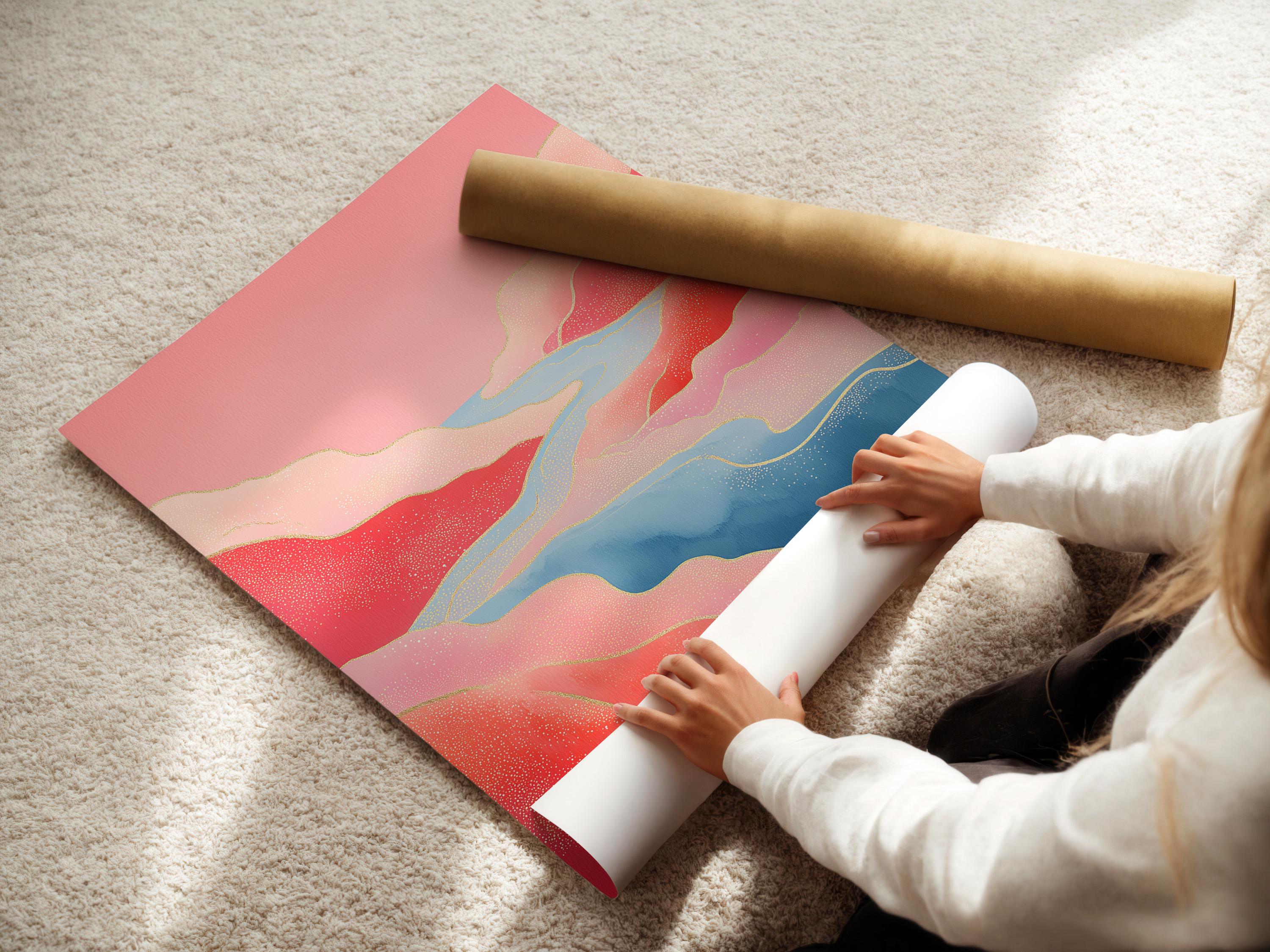 Pink and blue abstract landscape with a winding river and pale yellow contour lines detail view