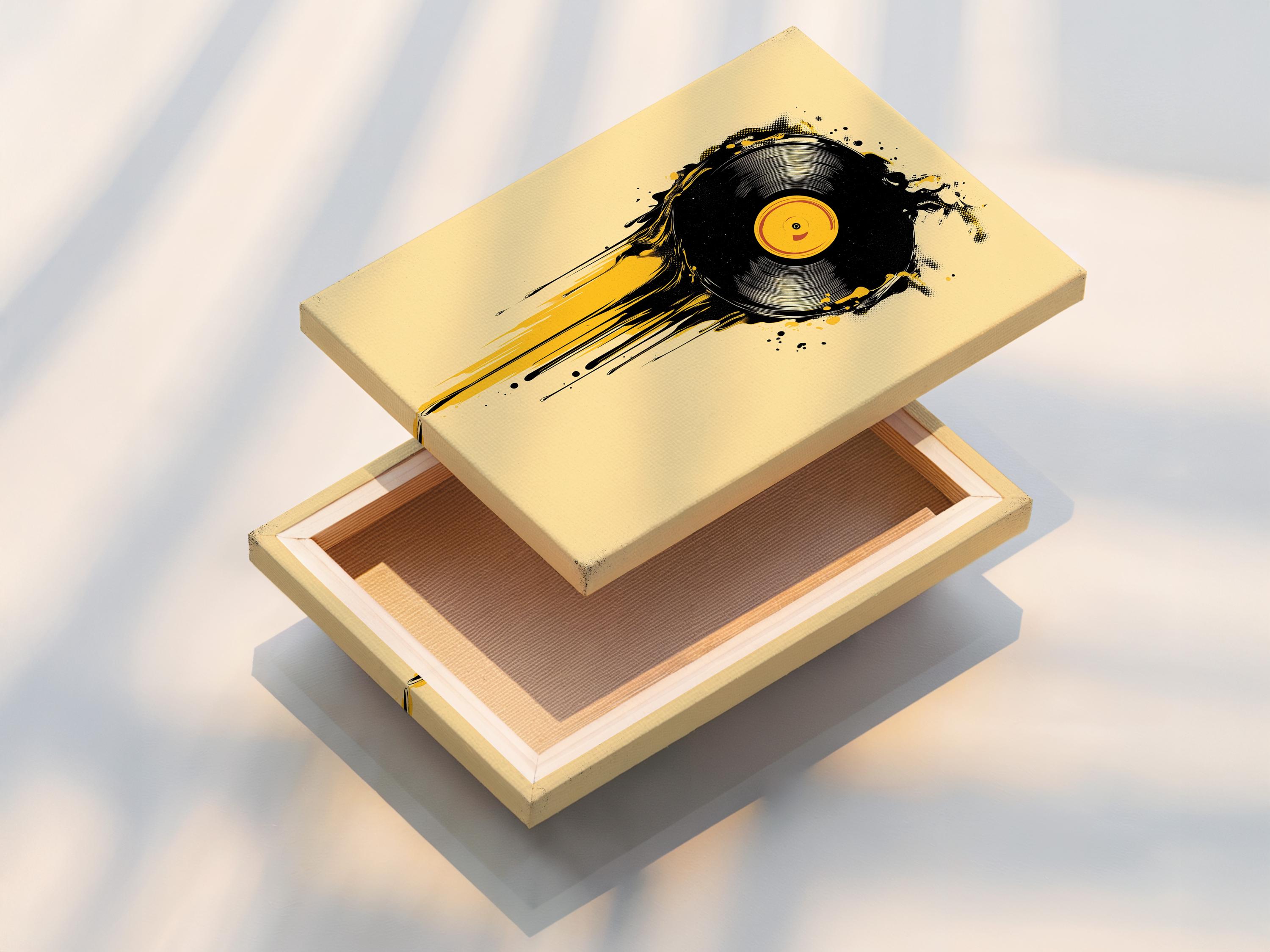 Room mockup showing a framed black and yellow vinyl record illustration with drip and splatter details