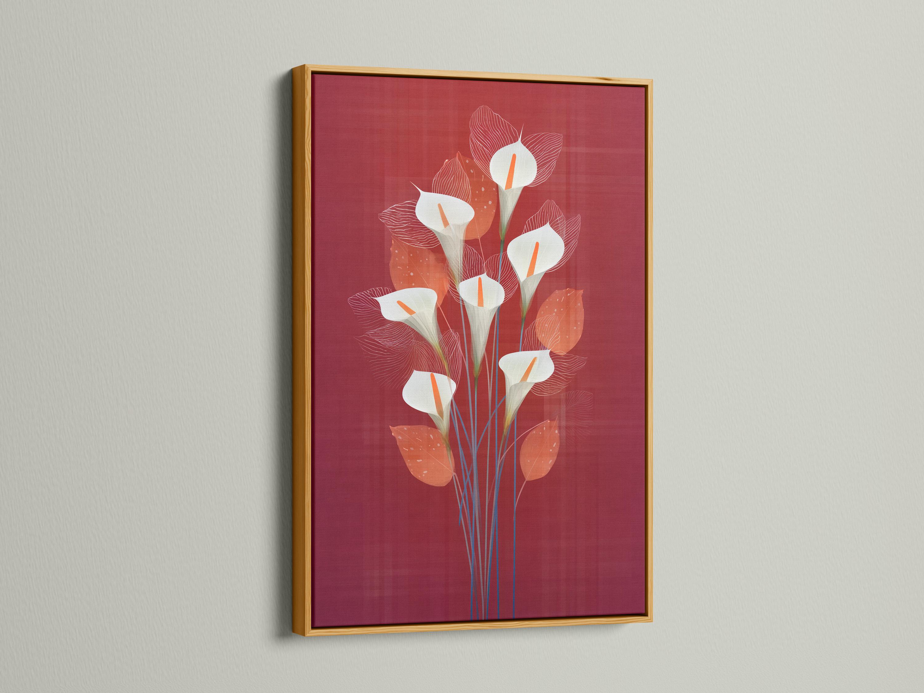 Stylised calla lily bouquet with white flowers, orange centres and blue stems on a burgundy background detail view