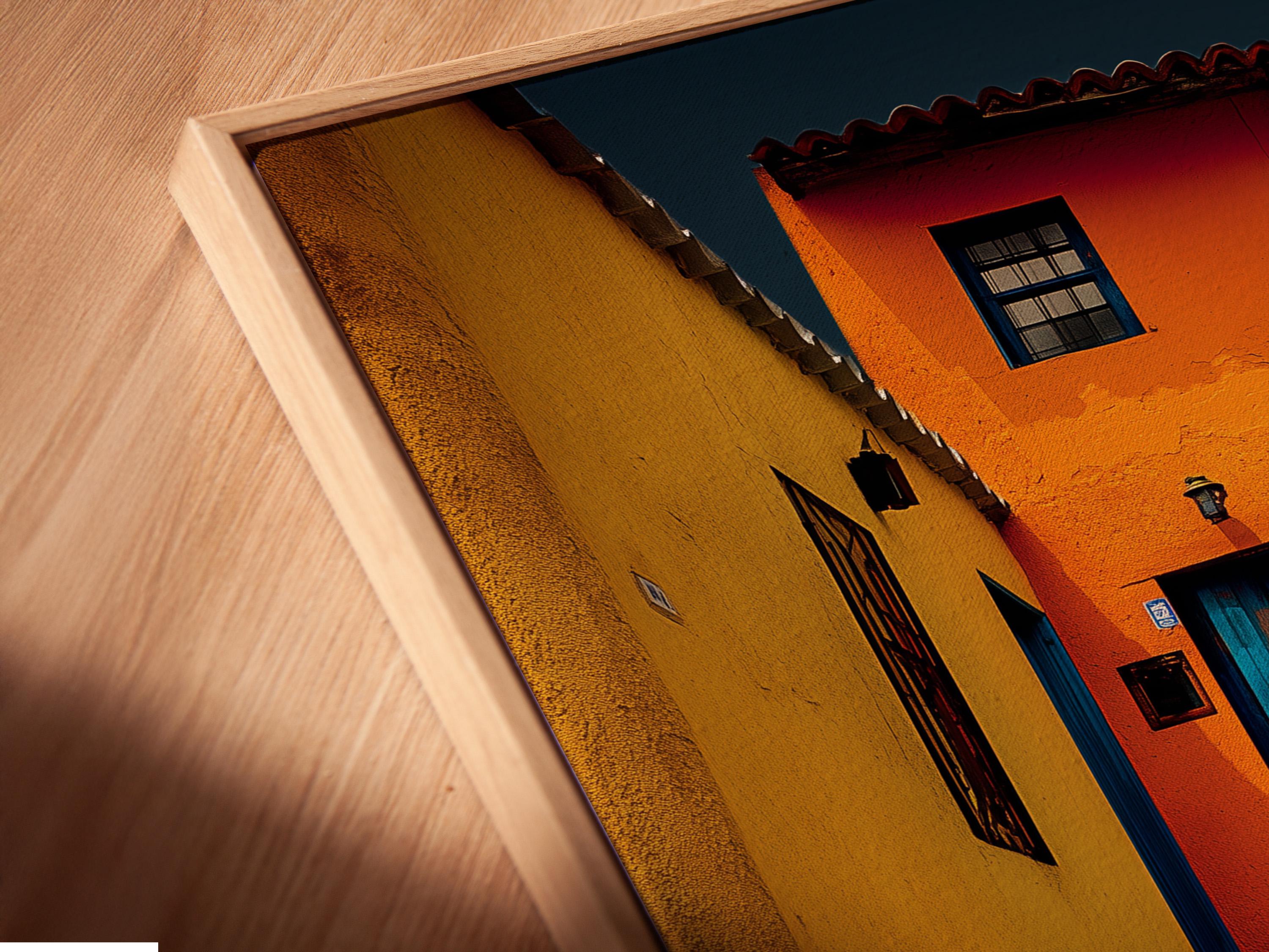 A colourful architectural courtyard scene shows sunlit steps, stucco walls and doorways in turquoise, orange and yellow tones detail view