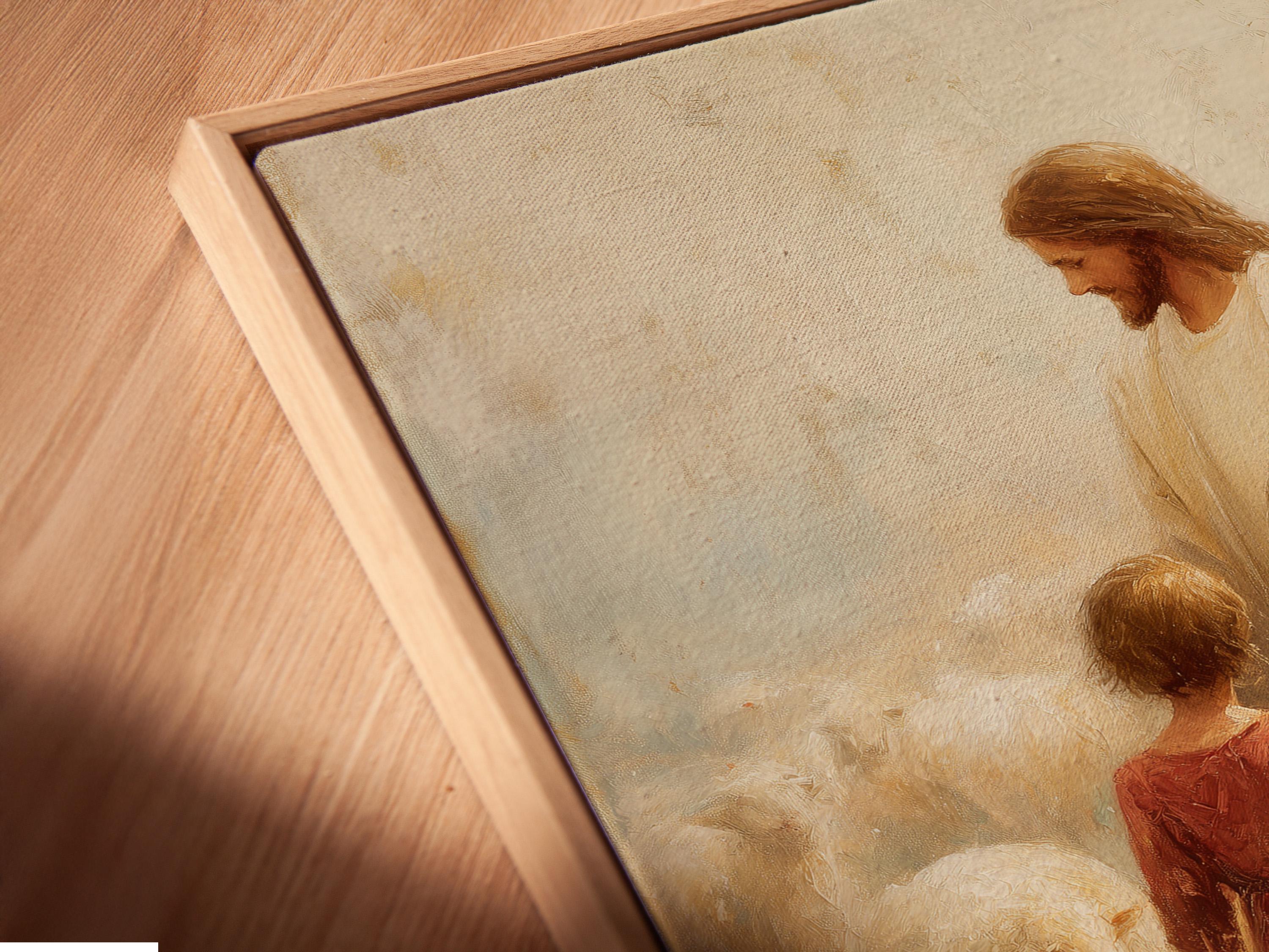 Painterly religious scene of a robed adult with two children and a white sheep in a flower field detail view