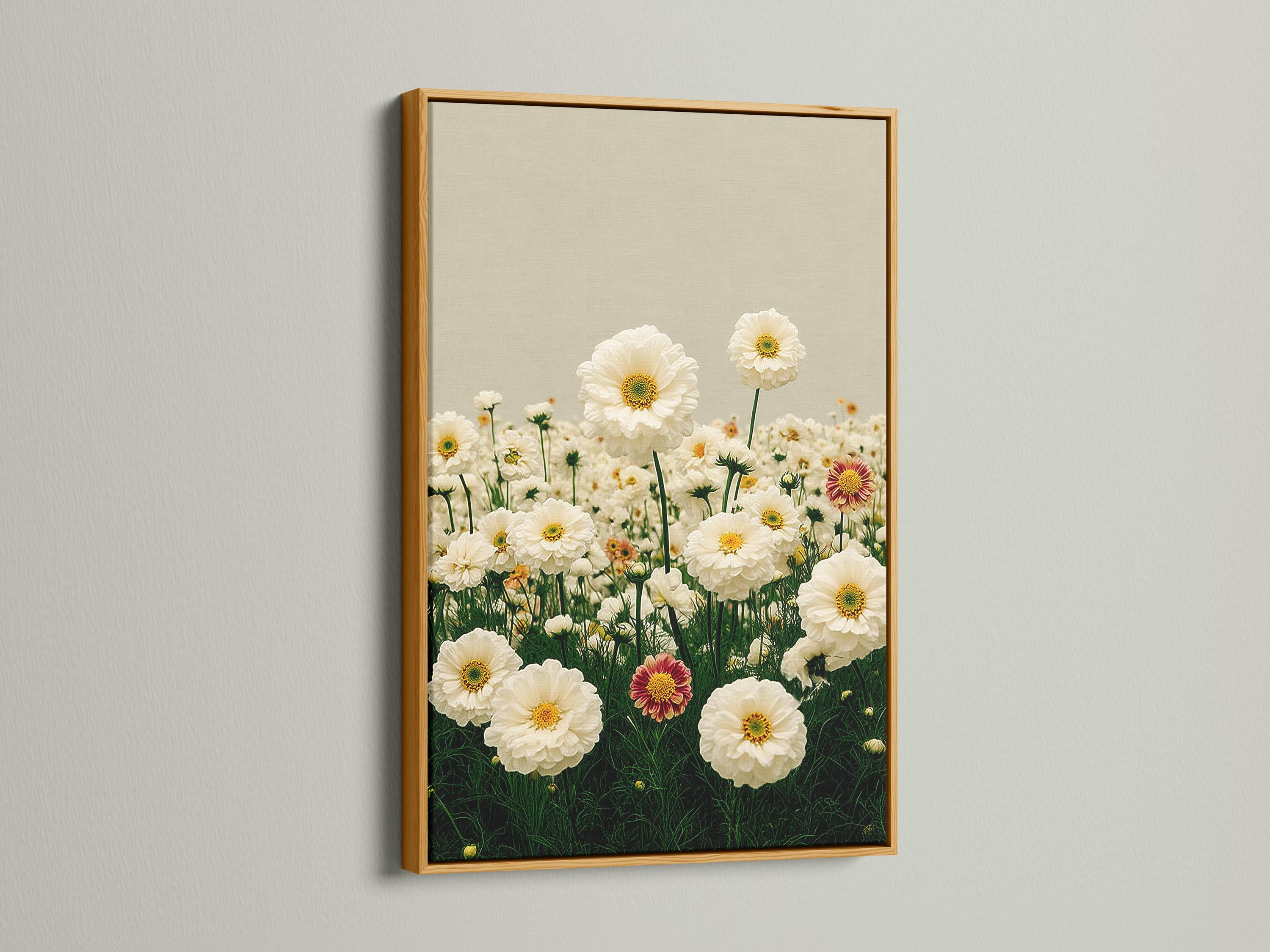 Room mockup showing a person holding flowers beside framed daisy meadow artwork