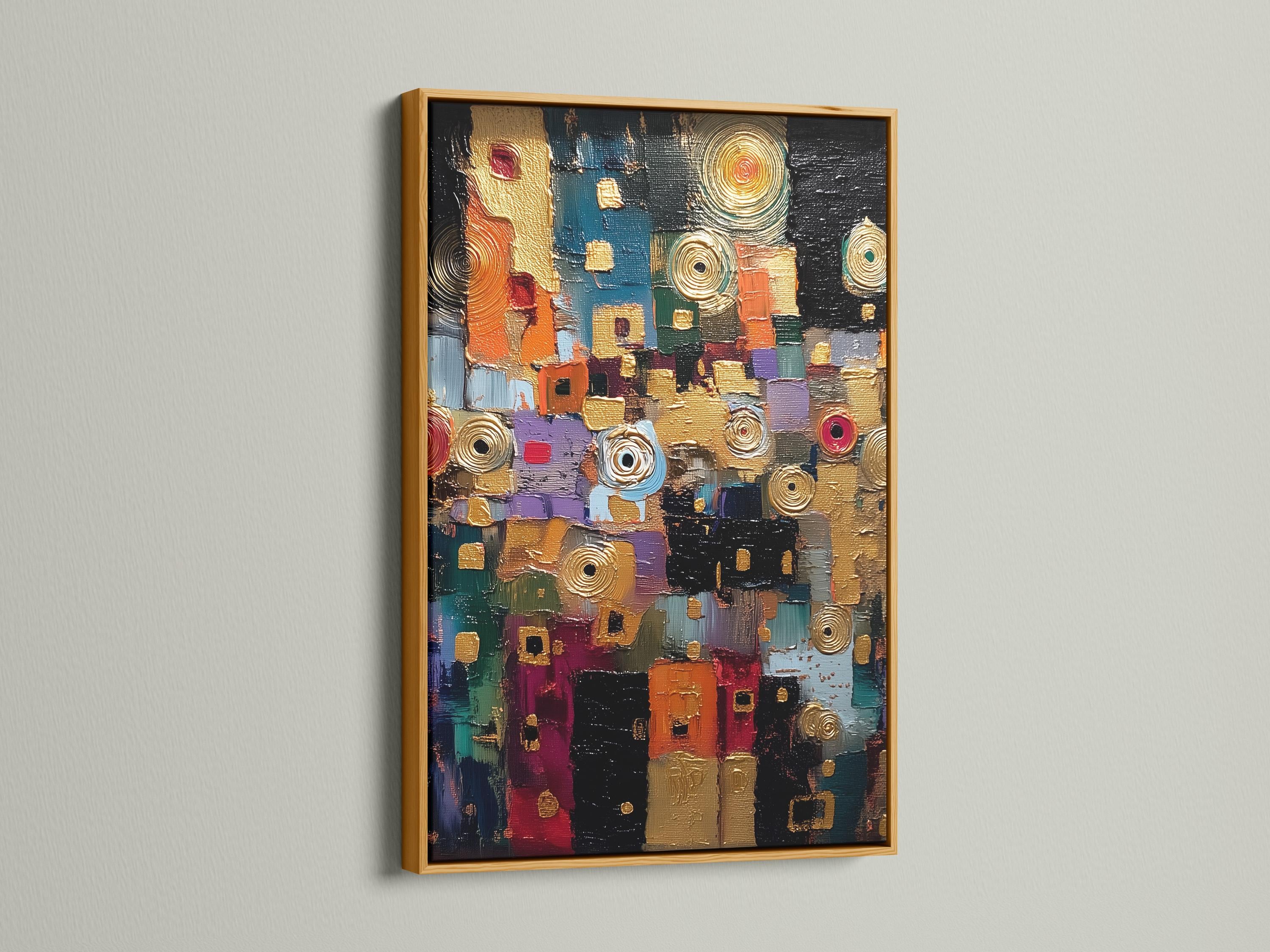 Abstract geometric artwork with gold spiral circles and colourful teal, red and purple blocks on a dark background detail view