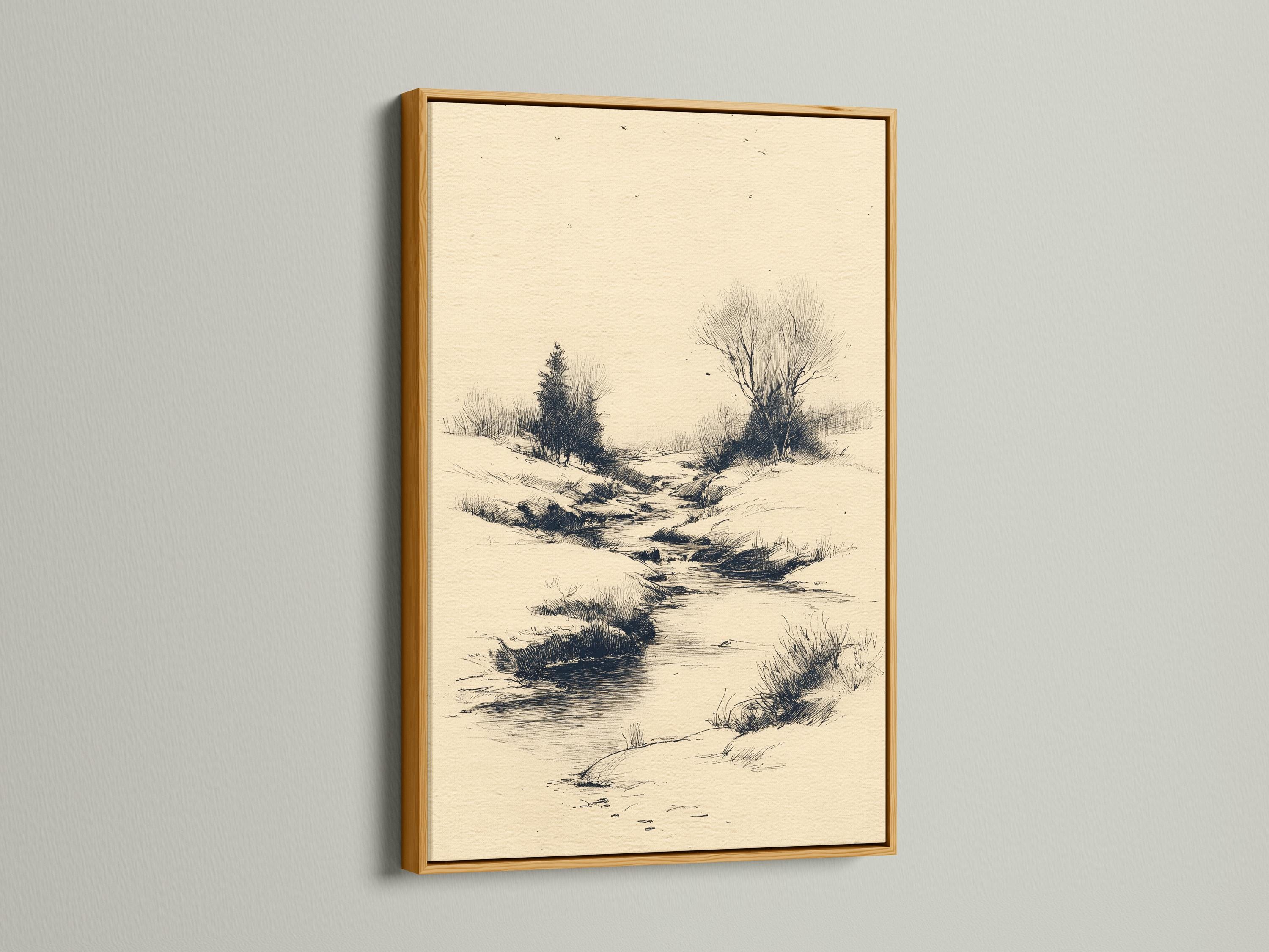 Woman holding a large framed beige river landscape sketch on a light wall in a bright room