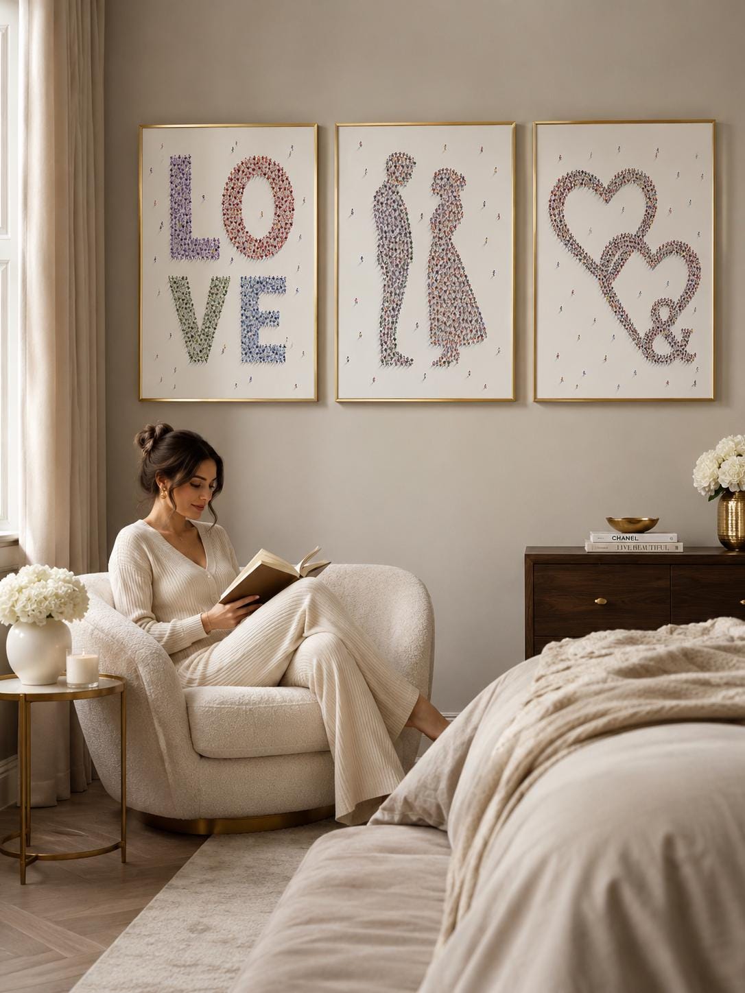 A love-themed typographic set shows “LOVE” with small heart details and two human couple silhouettes made from repeating tiny figures detail view