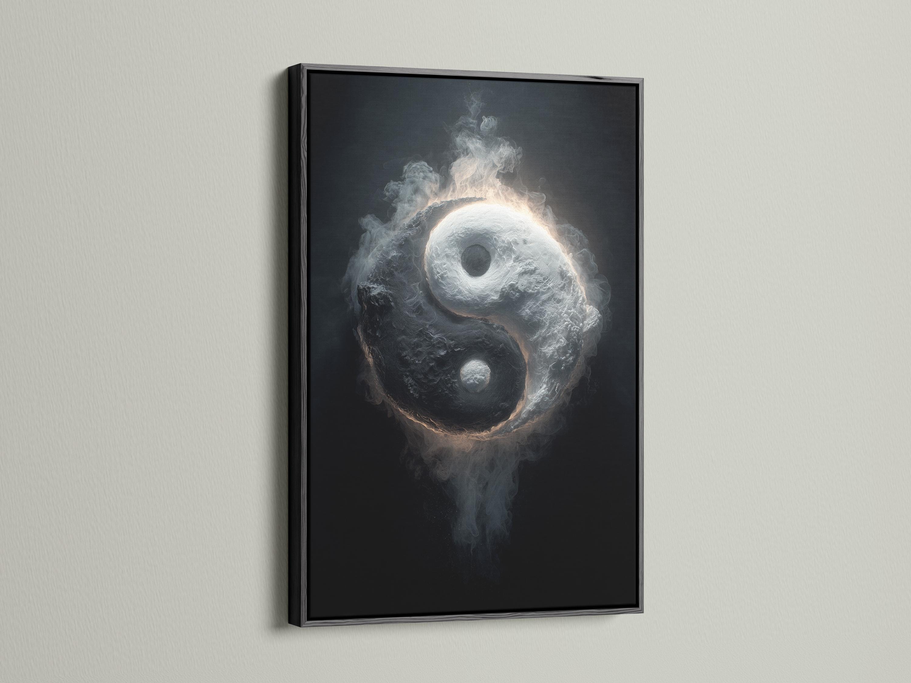 Monochrome yin yang symbol with smoky swirling texture and a glowing rim on a dark background detail view