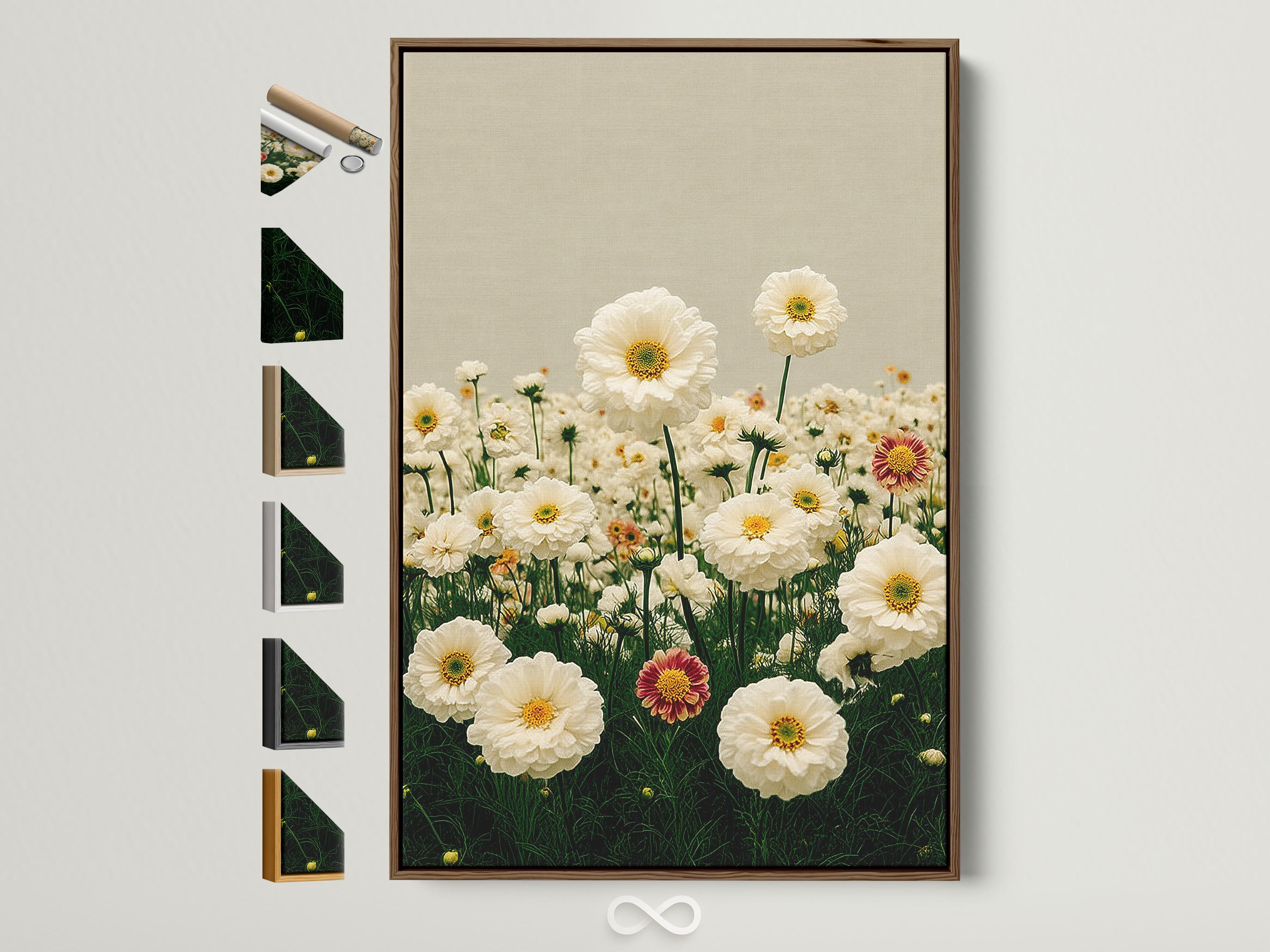 Room mockup showing a person holding flowers beside framed daisy meadow artwork