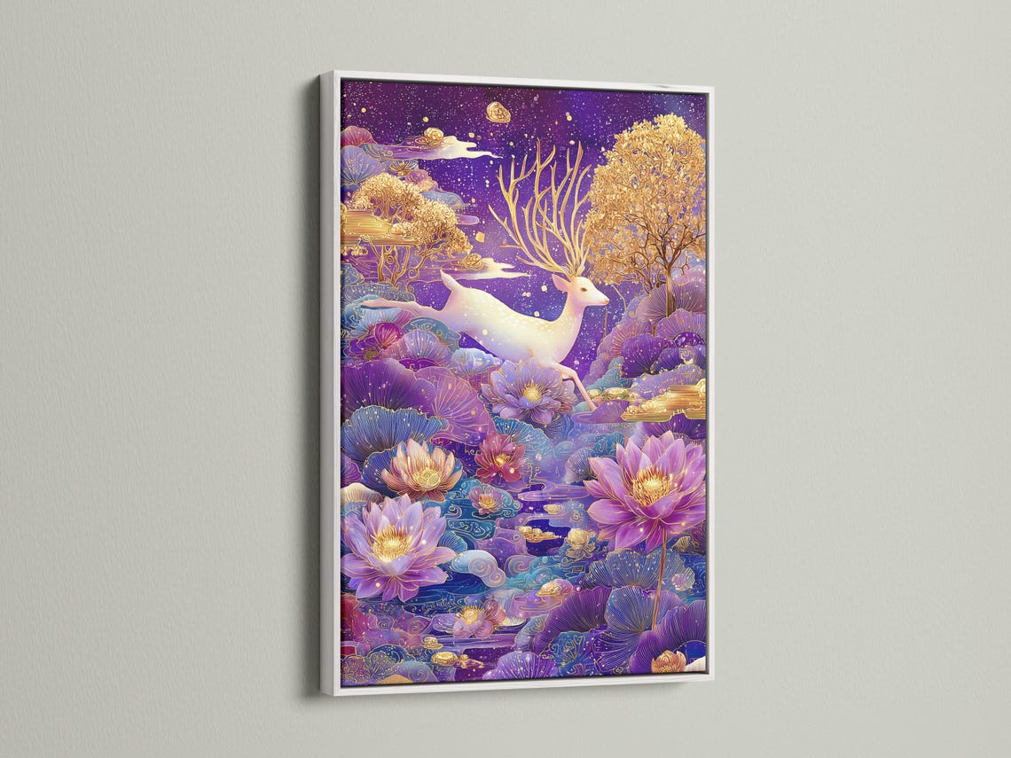 Stylised deer with gold antlers among purple lotus flowers under a starry night sky detail view
