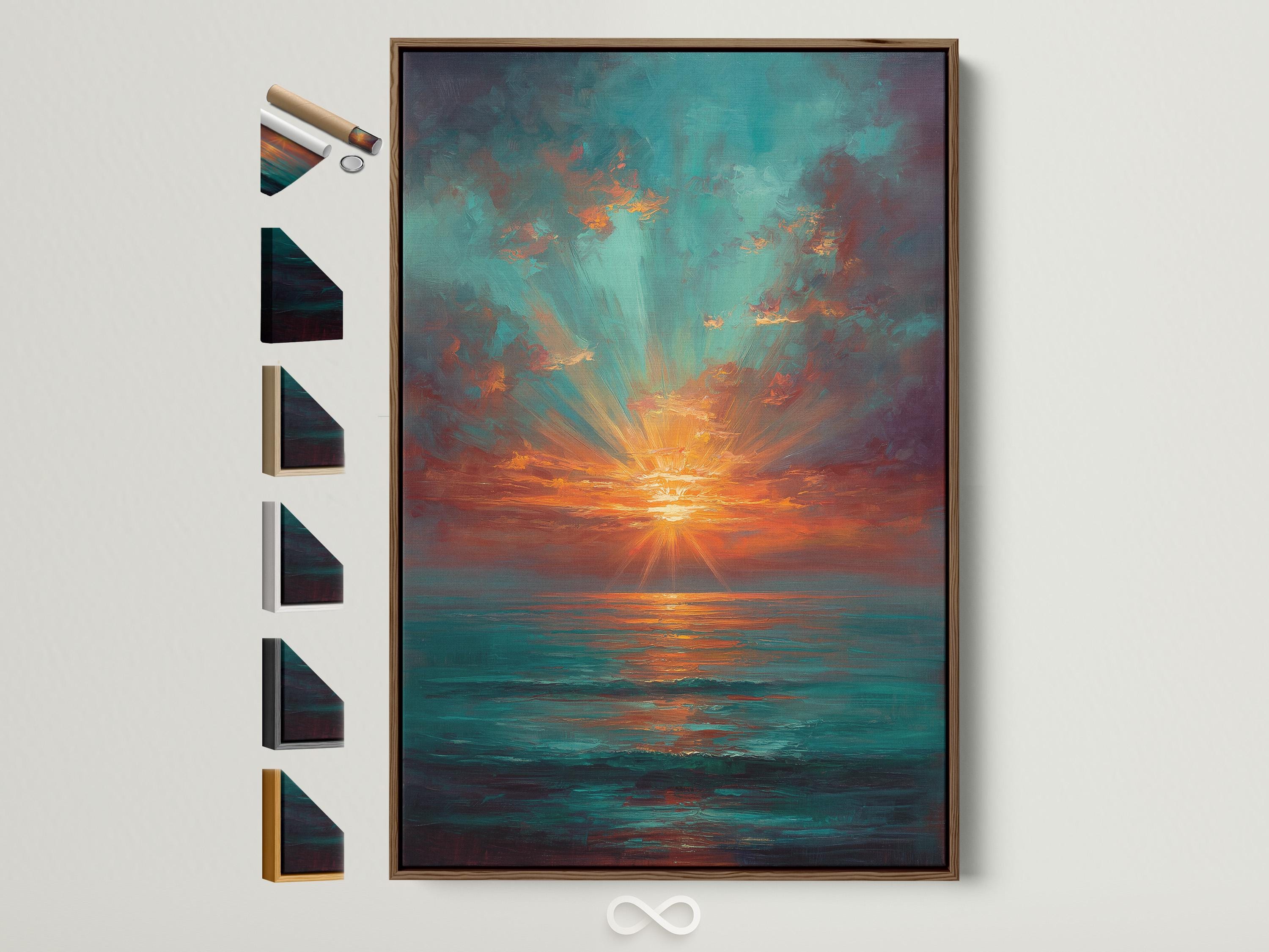 Room mockup with a sofa and a framed teal and copper sunset seascape artwork on the wall