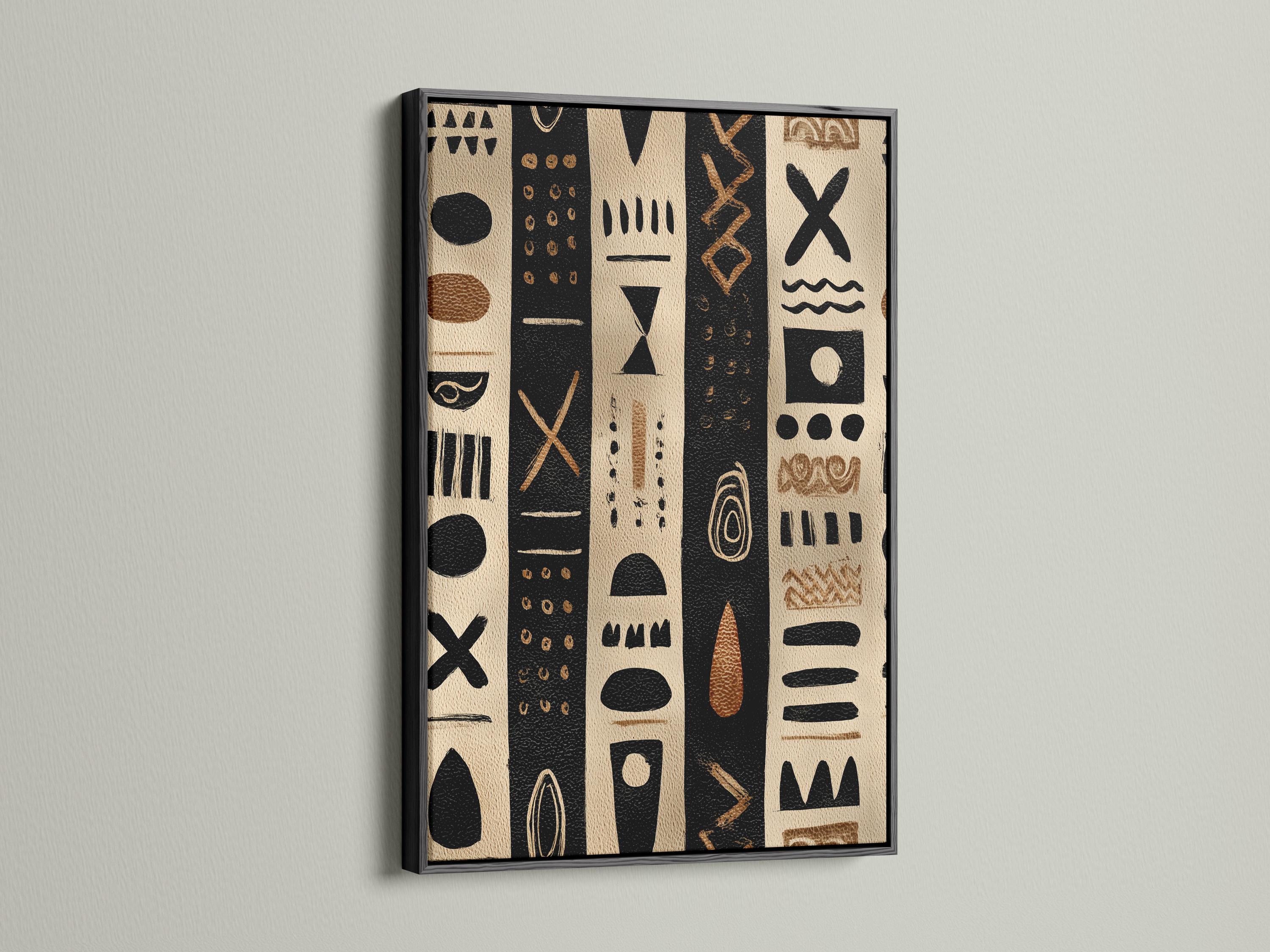 Beige and black geometric tribal-style artwork with vertical panels and dotted symbols detail view