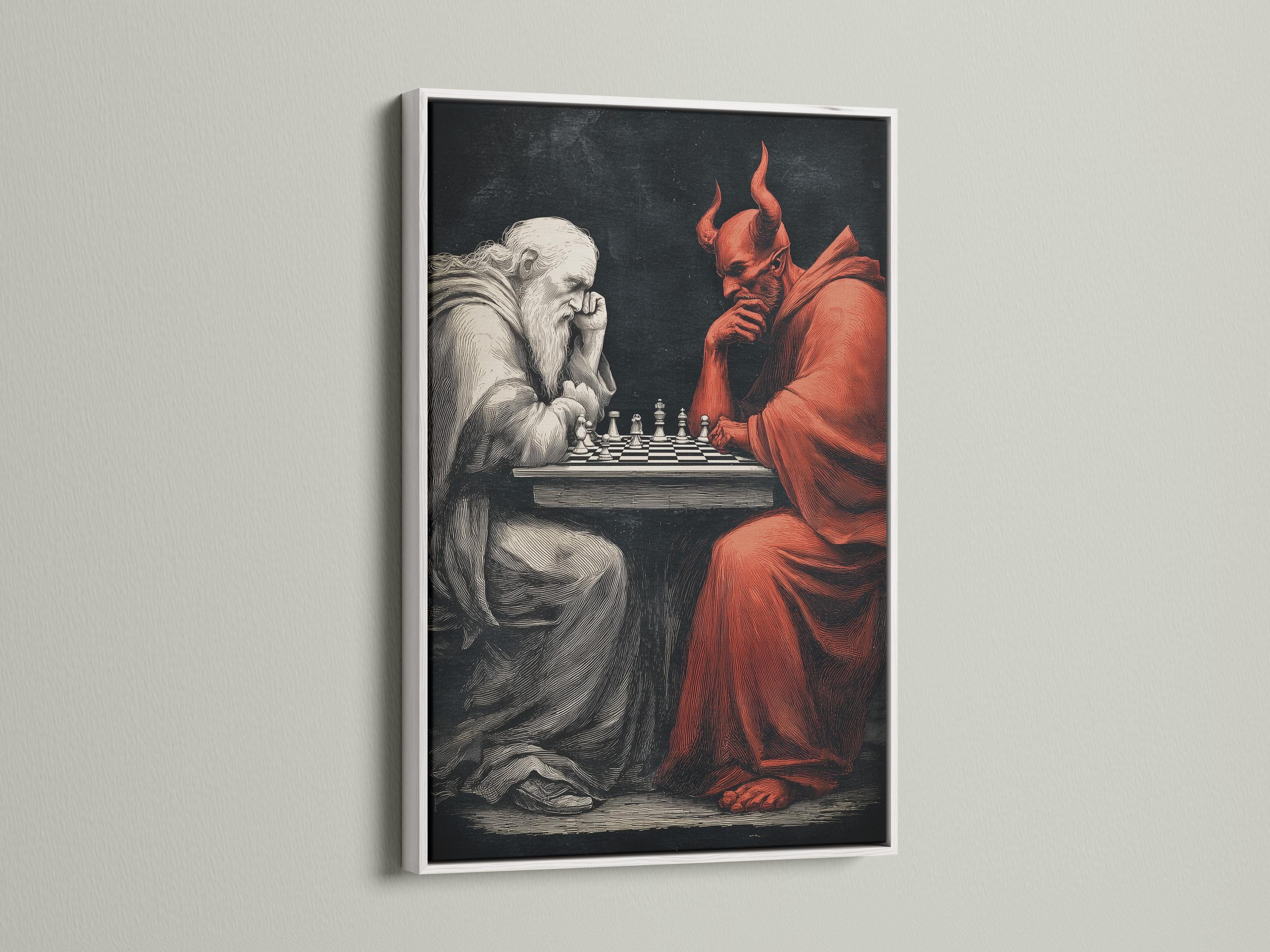 Chess duel scene with a pale angel-like figure facing a red horned devil over chess pieces detail view