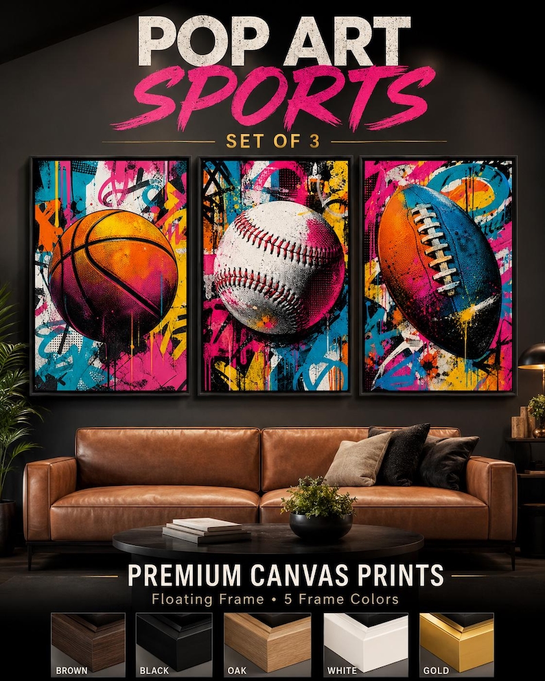 Three-panel pop art sports set showing a basketball, baseball and football with “POP ART SPORTS” text