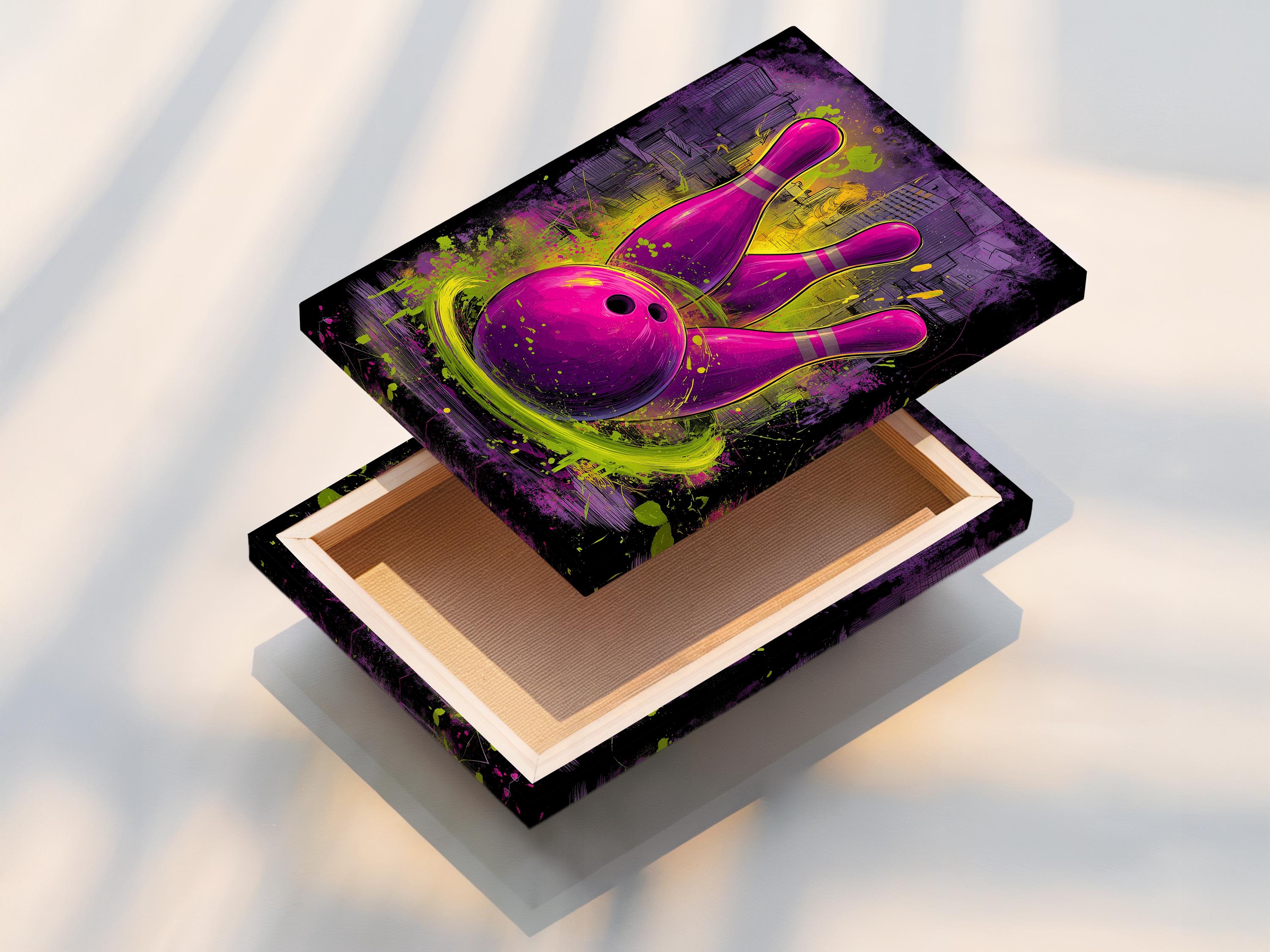 Neon purple bowling pins and ball with lime-green graffiti splashes over a city skyline detail view