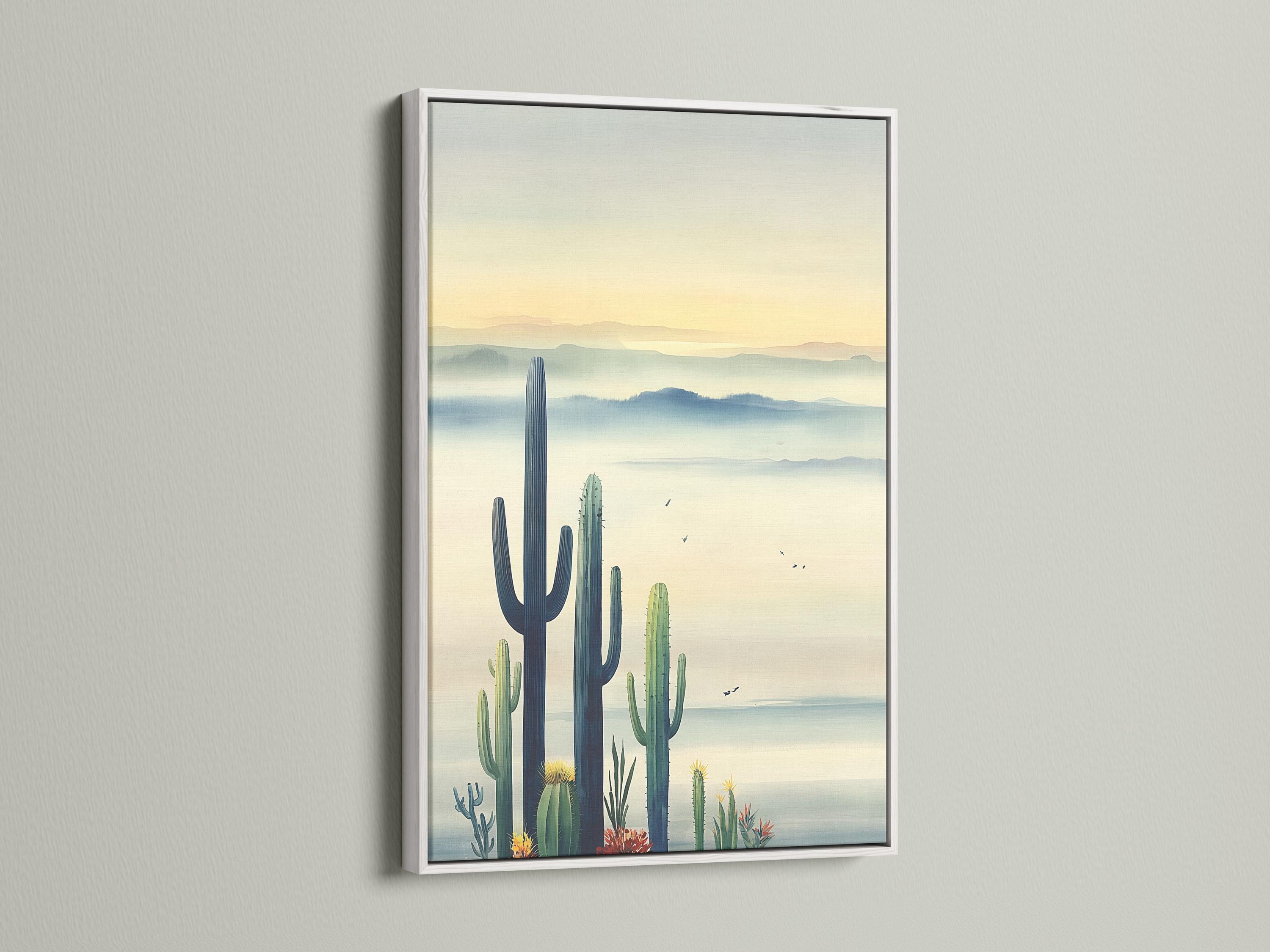 Illustrated desert landscape with tall cactus silhouettes, hazy blue distance layers and small birds detail view