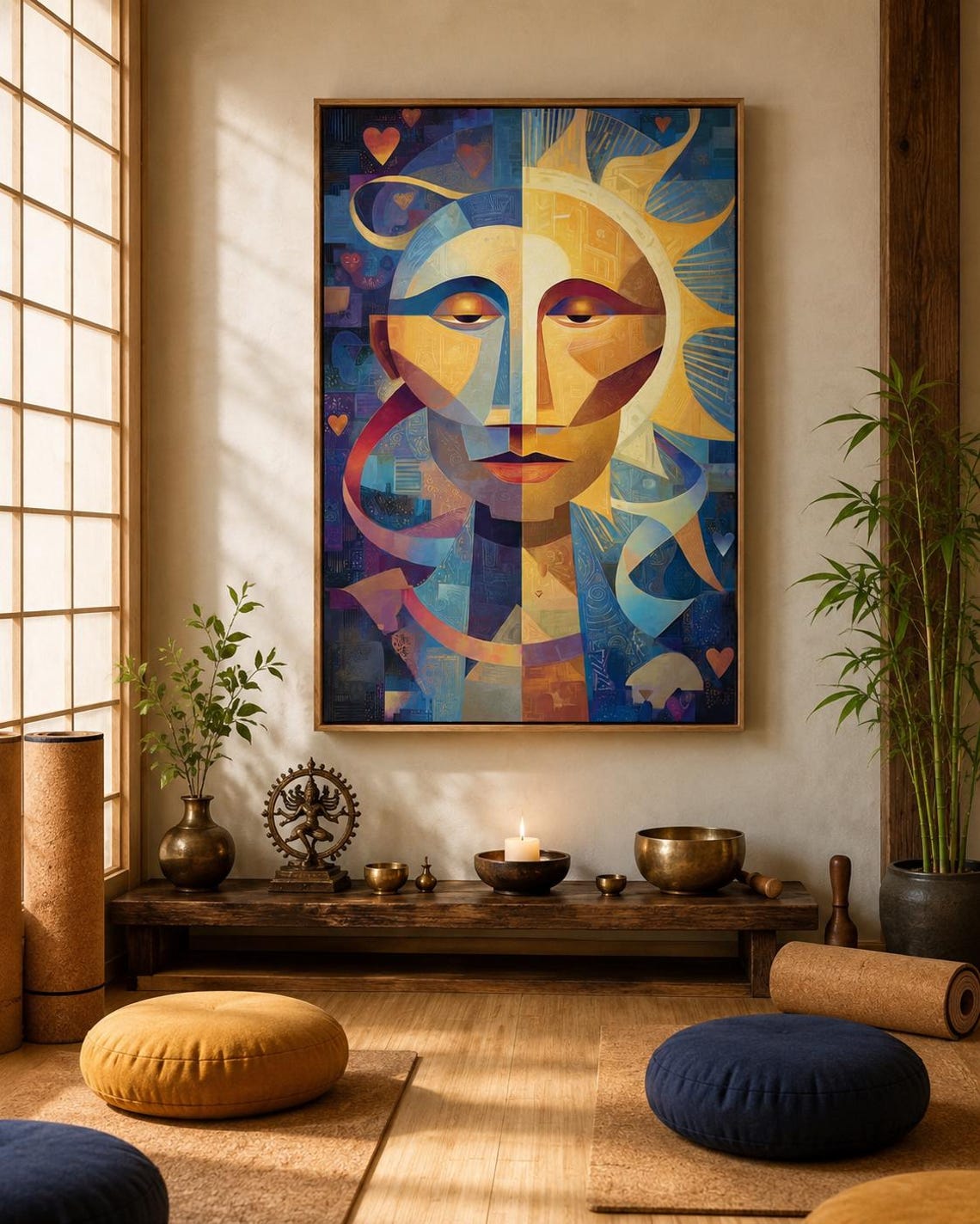 Geometric abstract face with a golden sunburst centre, blue and gold shapes, and small heart motifs detail view