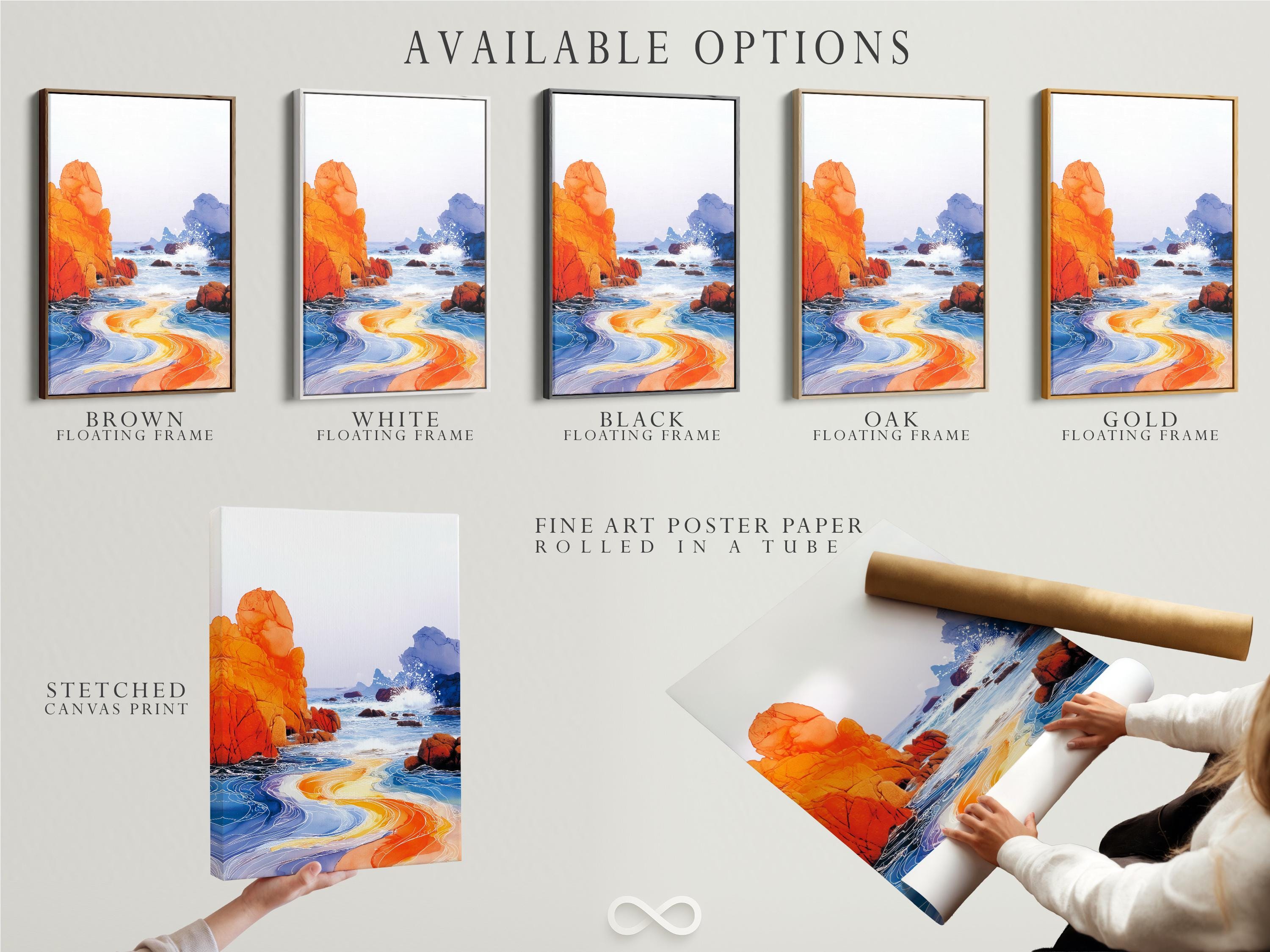 Orange and blue coastal seascape with foamy white waves and rocky cliffs detail view