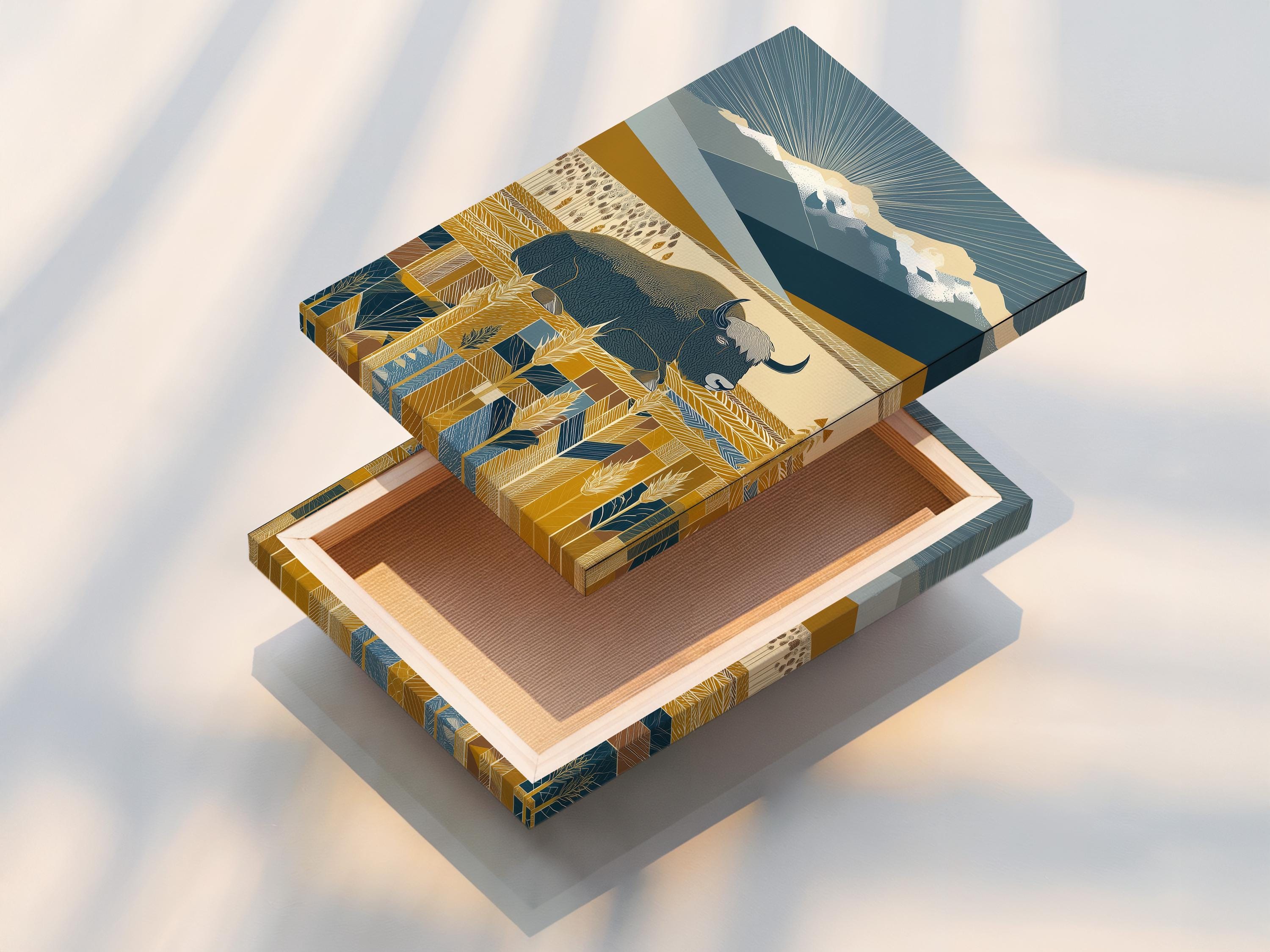 Stylised yak in ochre and navy blue mountain landscape with radiating line rays and wheat-like plants detail view