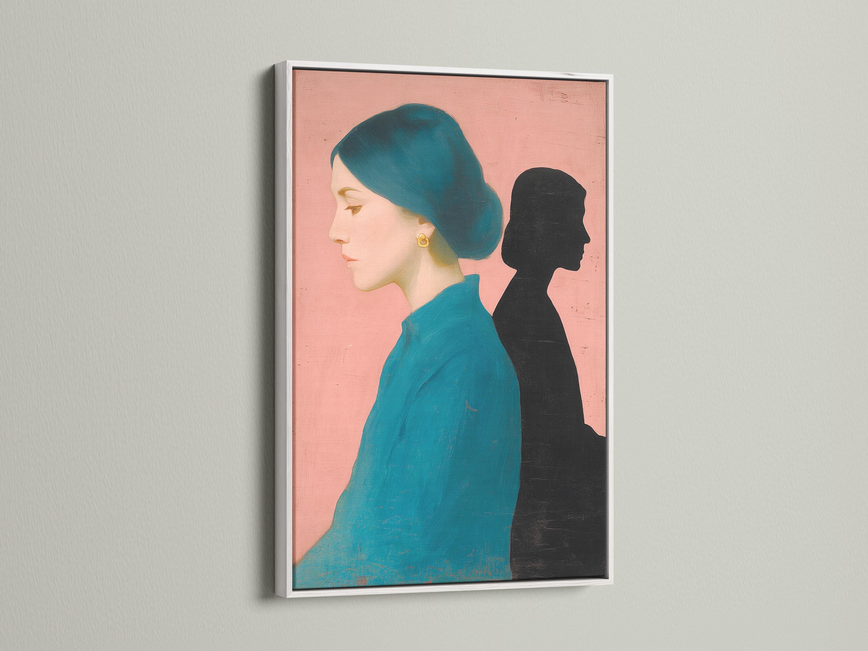 Wall mockup showing a teal and black dual portrait artwork with gold earring accents