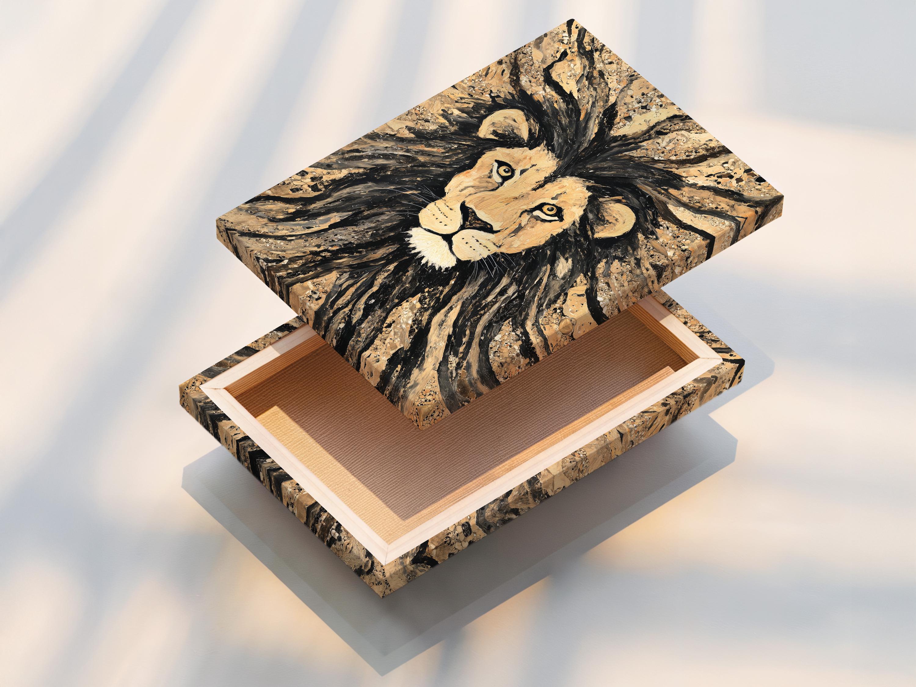 Stylised lion portrait with radiating mane strokes in beige, black and gold tones detail view
