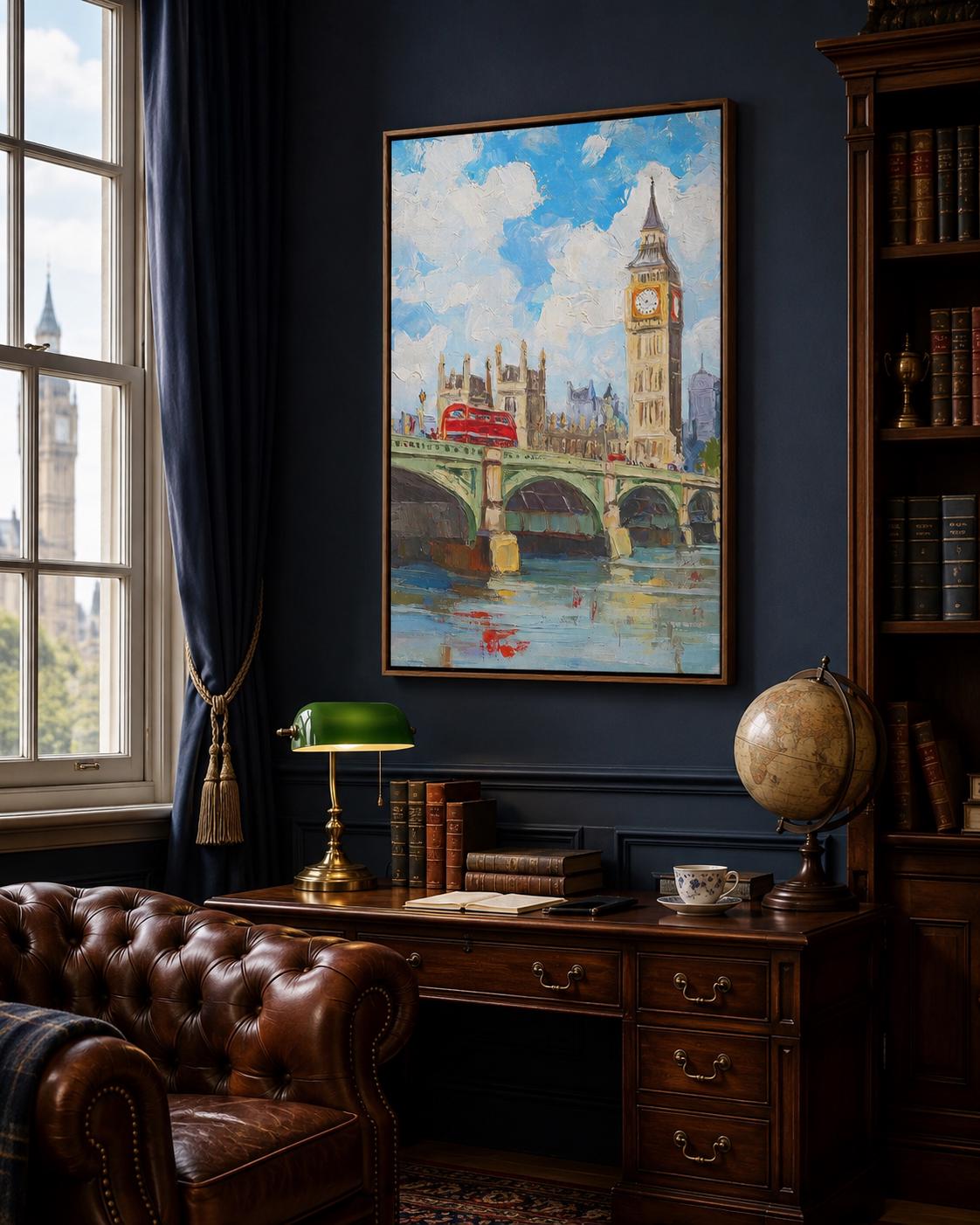Room mockup with a framed blue cityscape artwork above a wooden sideboard and dining table