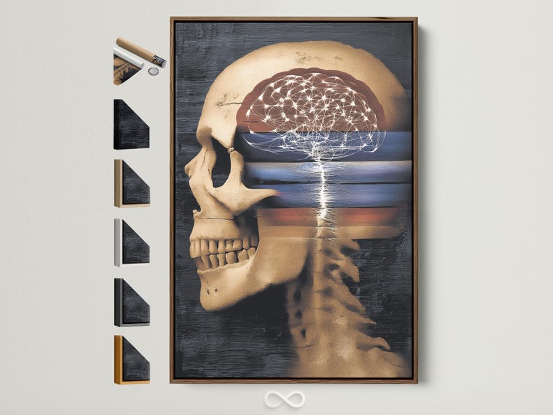 Side profile anatomical skull with glowing white neural brain lines