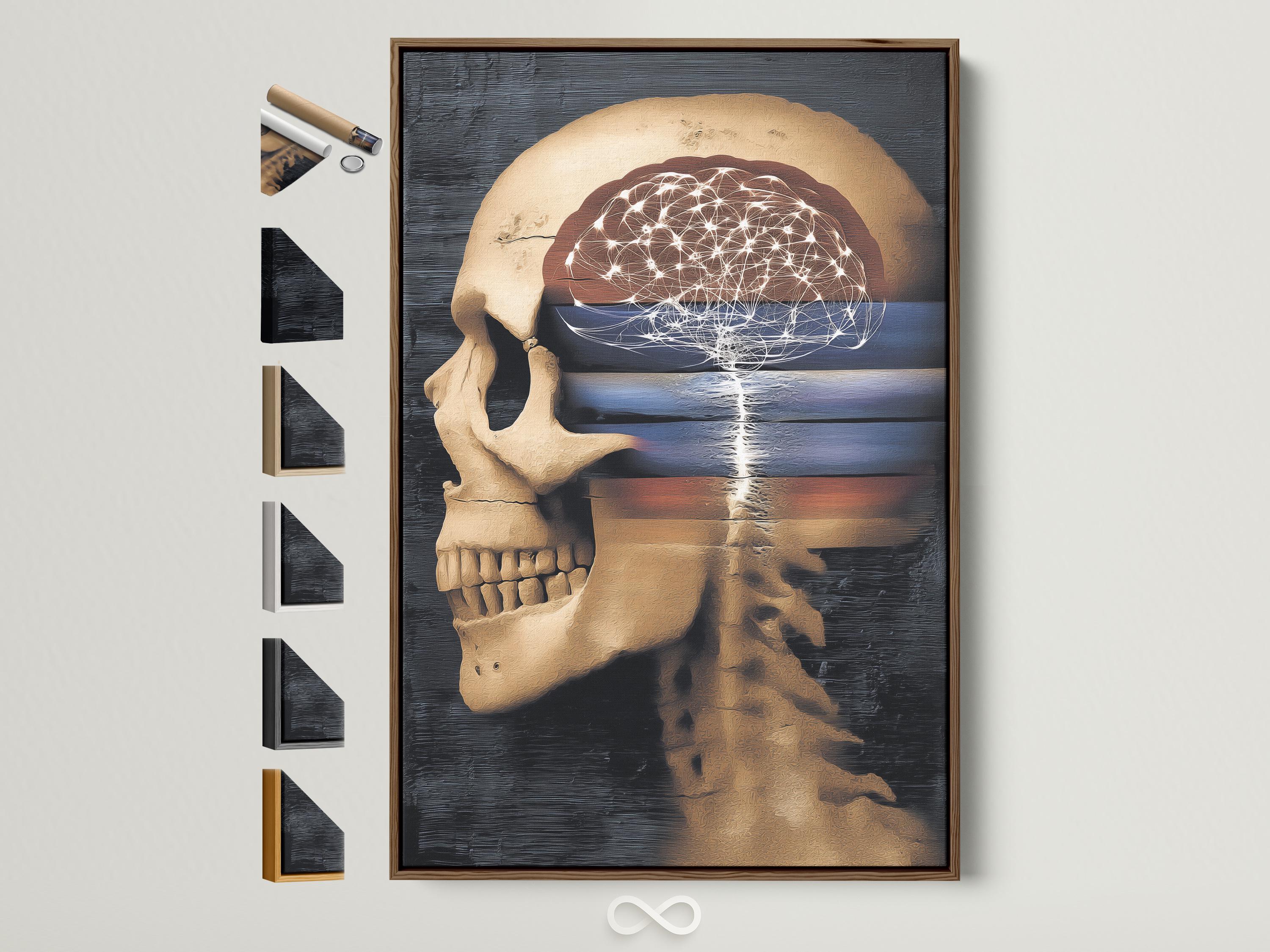 Side profile anatomical skull with glowing white neural brain lines
