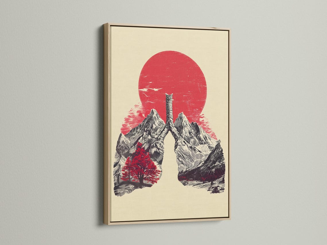 Mountain landscape artwork with a red sun, monochrome peaks, and a ribcage-like figure detail view