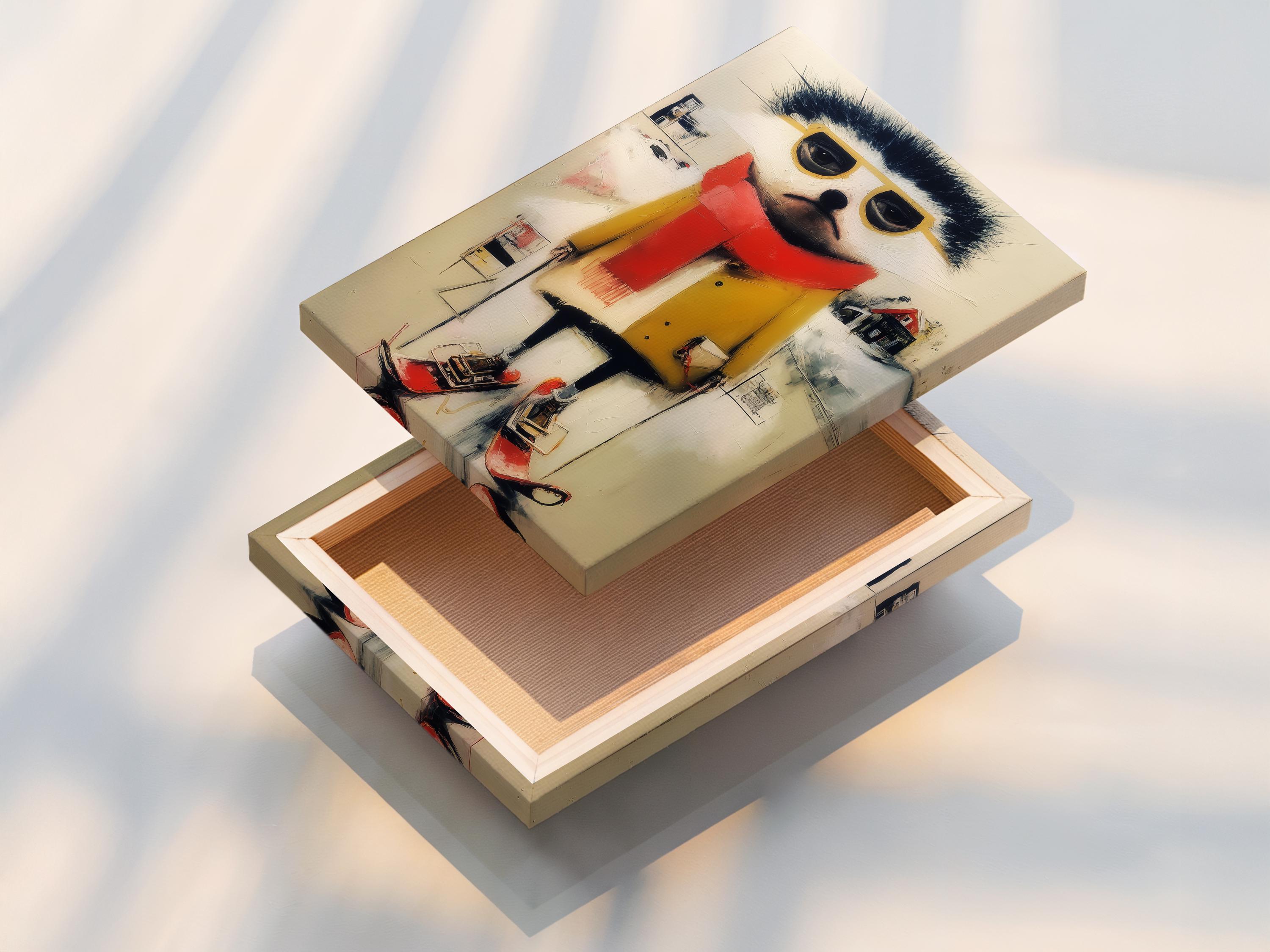 Stylised winter ski animal with dark fur, oversized yellow glasses, red scarf and red boots detail view