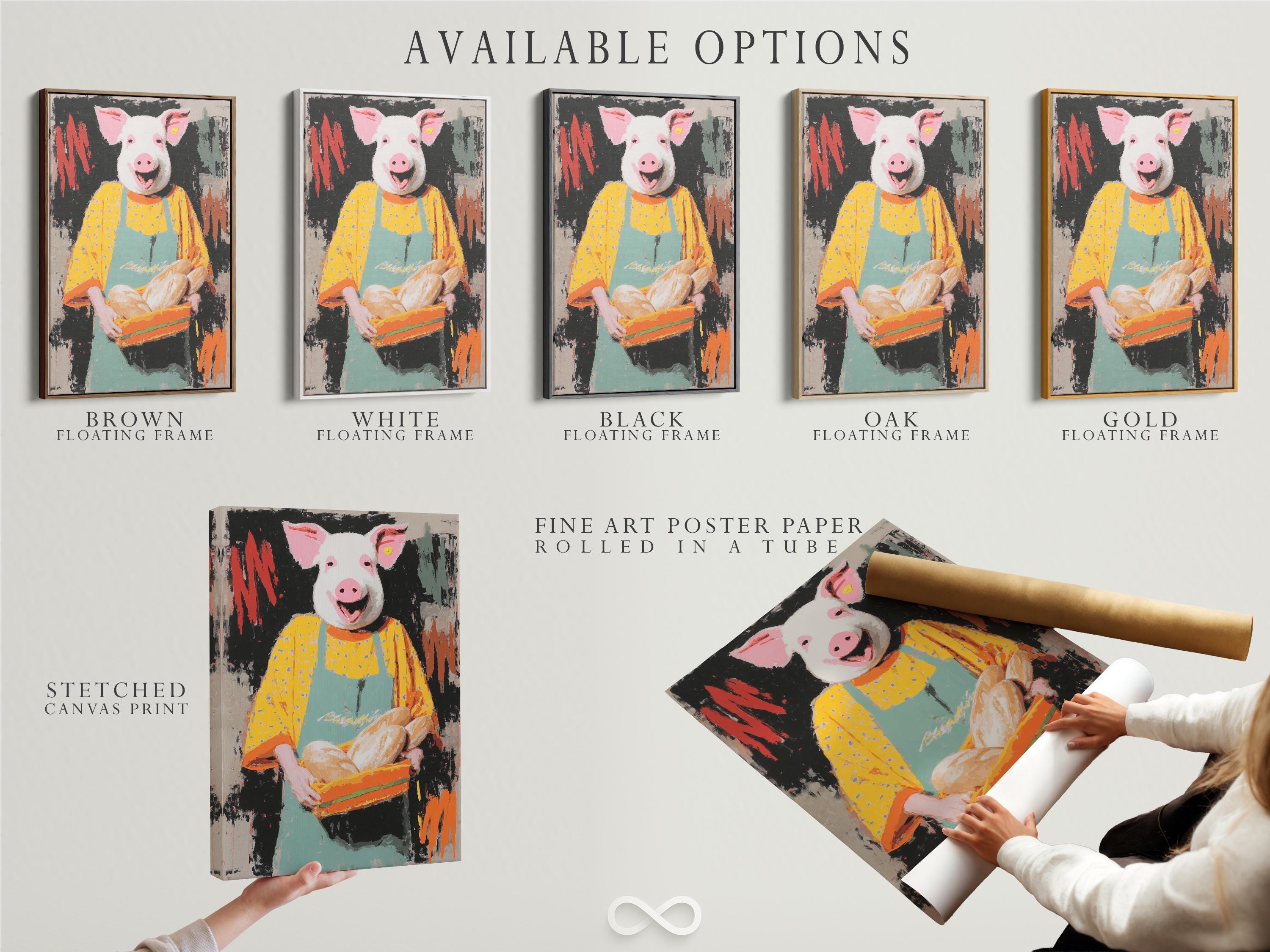 Stylised chef pig holding a tray of buns with a dark splattered background detail view