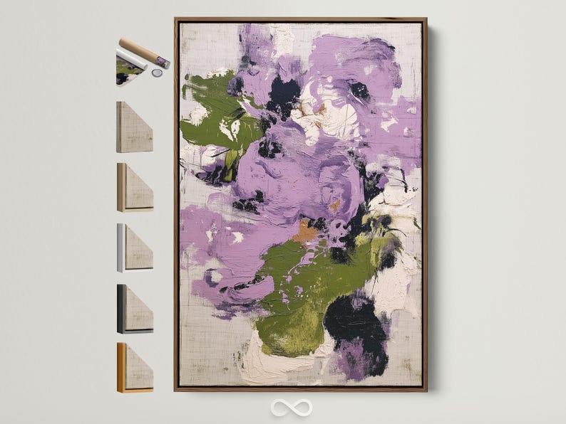 Abstract floral artwork with lilac and purple shapes, muted green accents and textured brush marks