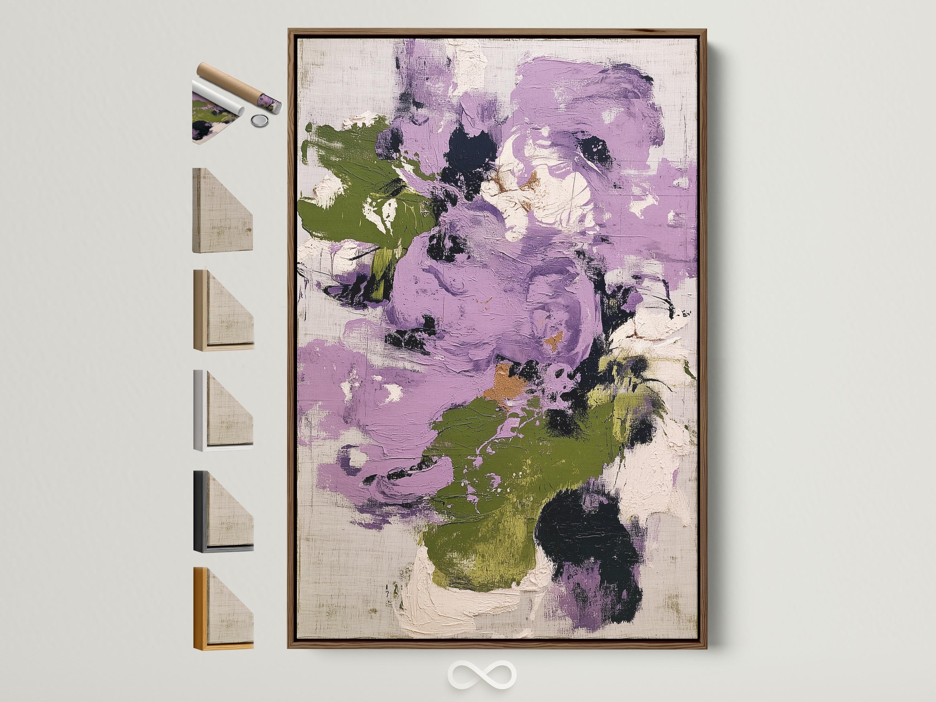 Abstract floral artwork with lilac and purple shapes, muted green accents and textured brush marks