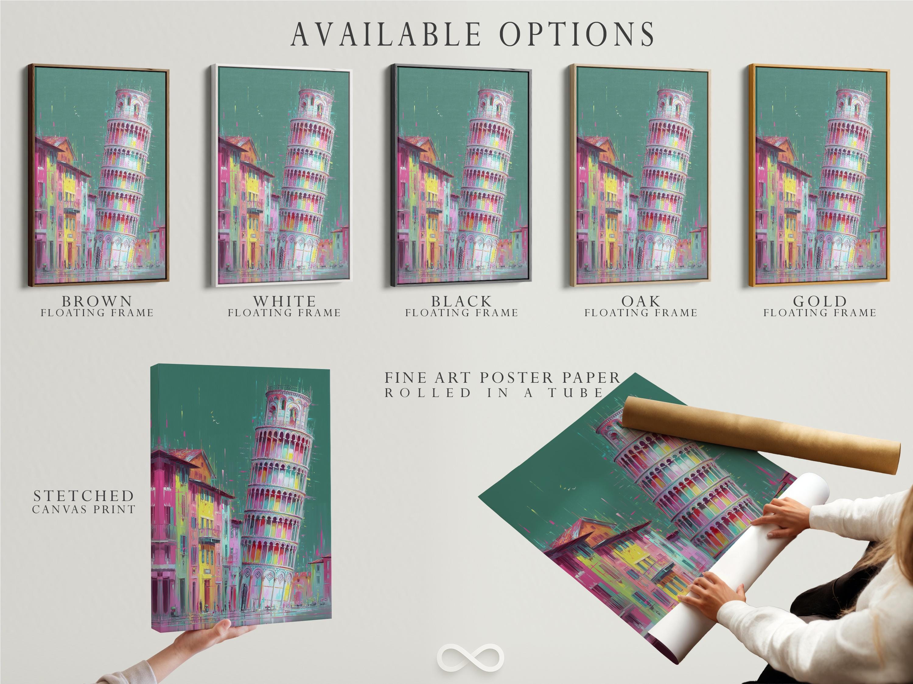 Stylised tall tower and city street in teal, pink, yellow and cyan detail view