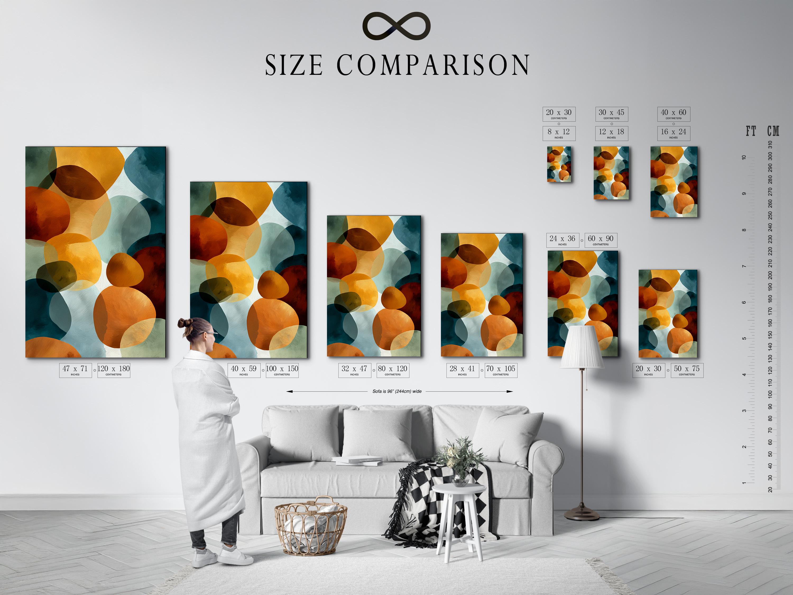 Abstract geometric wall art with overlapping rounded shapes in teal, burnt orange, cream and deep red detail view