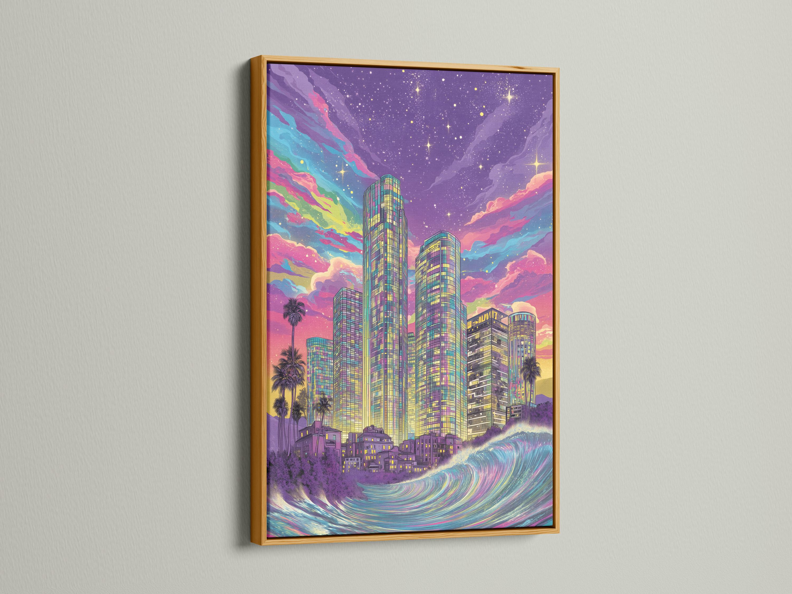 Retro neon city skyline with tall skyscrapers, ocean waves, starry purple sky and palm silhouettes detail view
