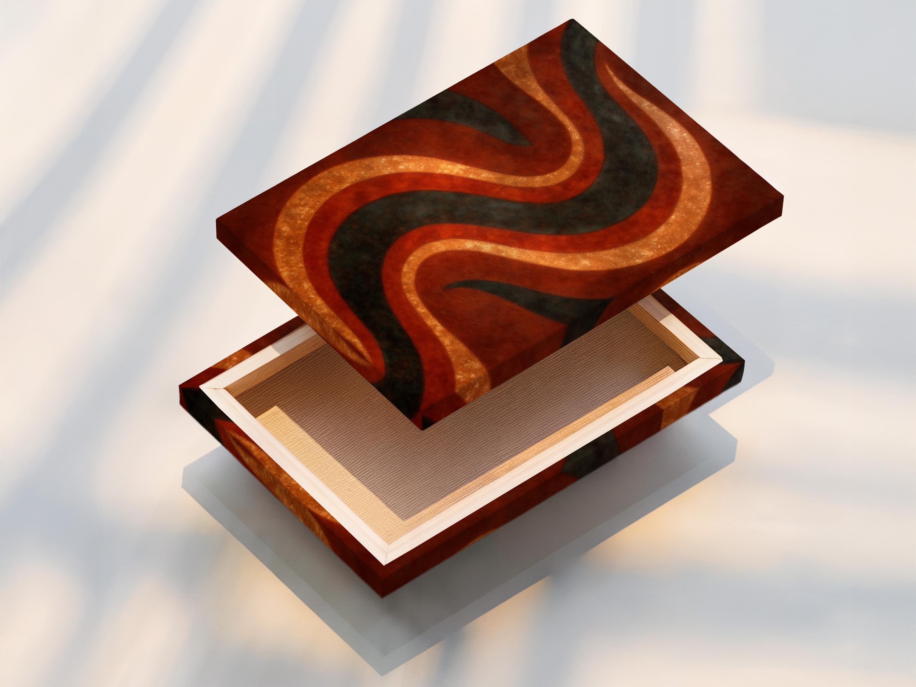 Abstract wave pattern with rust orange and amber gold curves and dark charcoal lines detail view