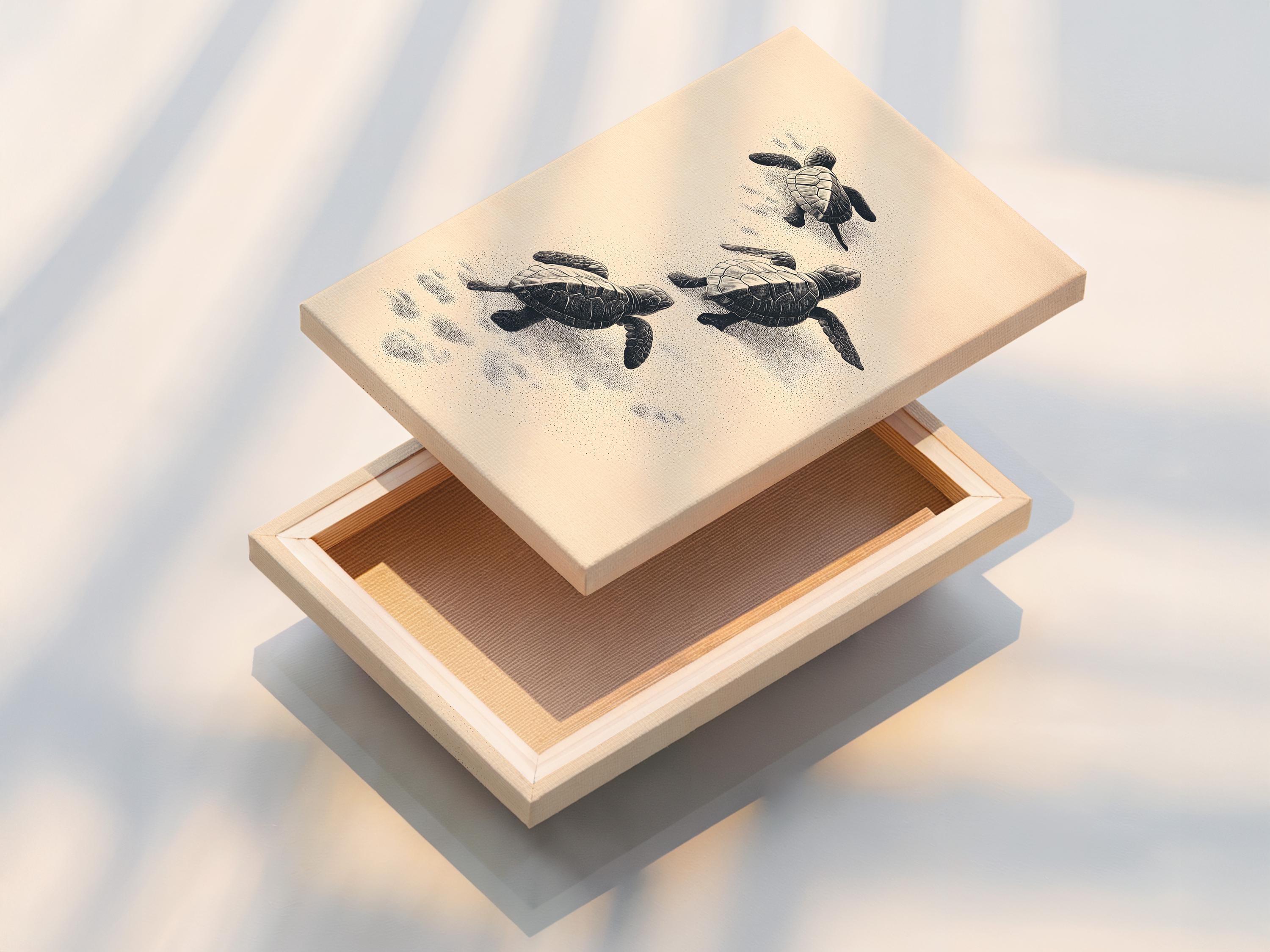 Illustrated sea turtles in charcoal tones on a warm beige background with dotted sand texture detail view